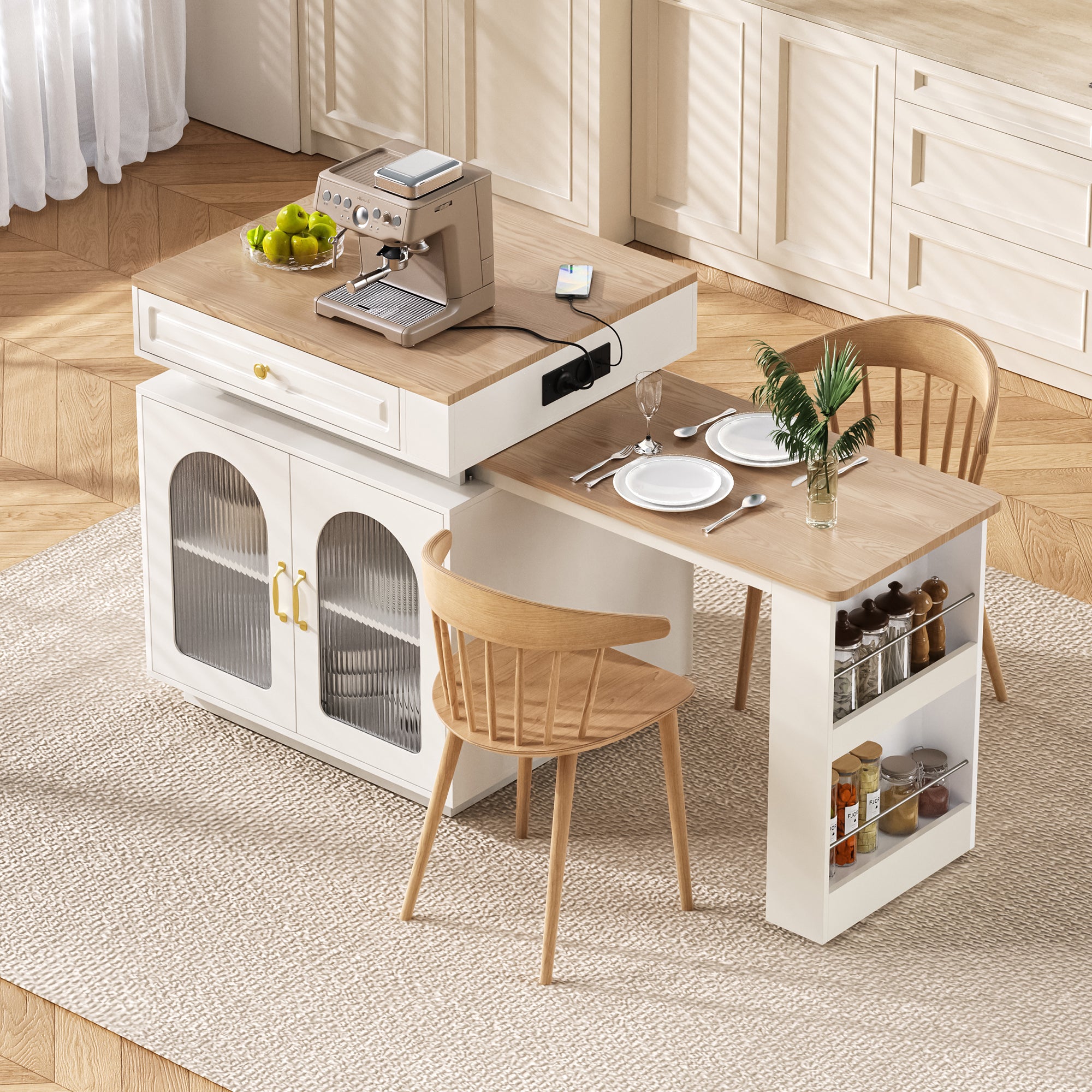 Kitchen Island Extendable Dining Bar Table with Wheels LED Lighting White