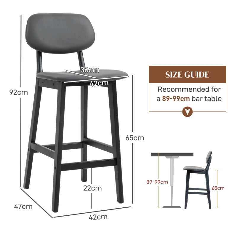 Bar Stools Set of 2, Upholstered with Backs, Footrests, and Solid Wood Legs, Dark Grey PU Leather