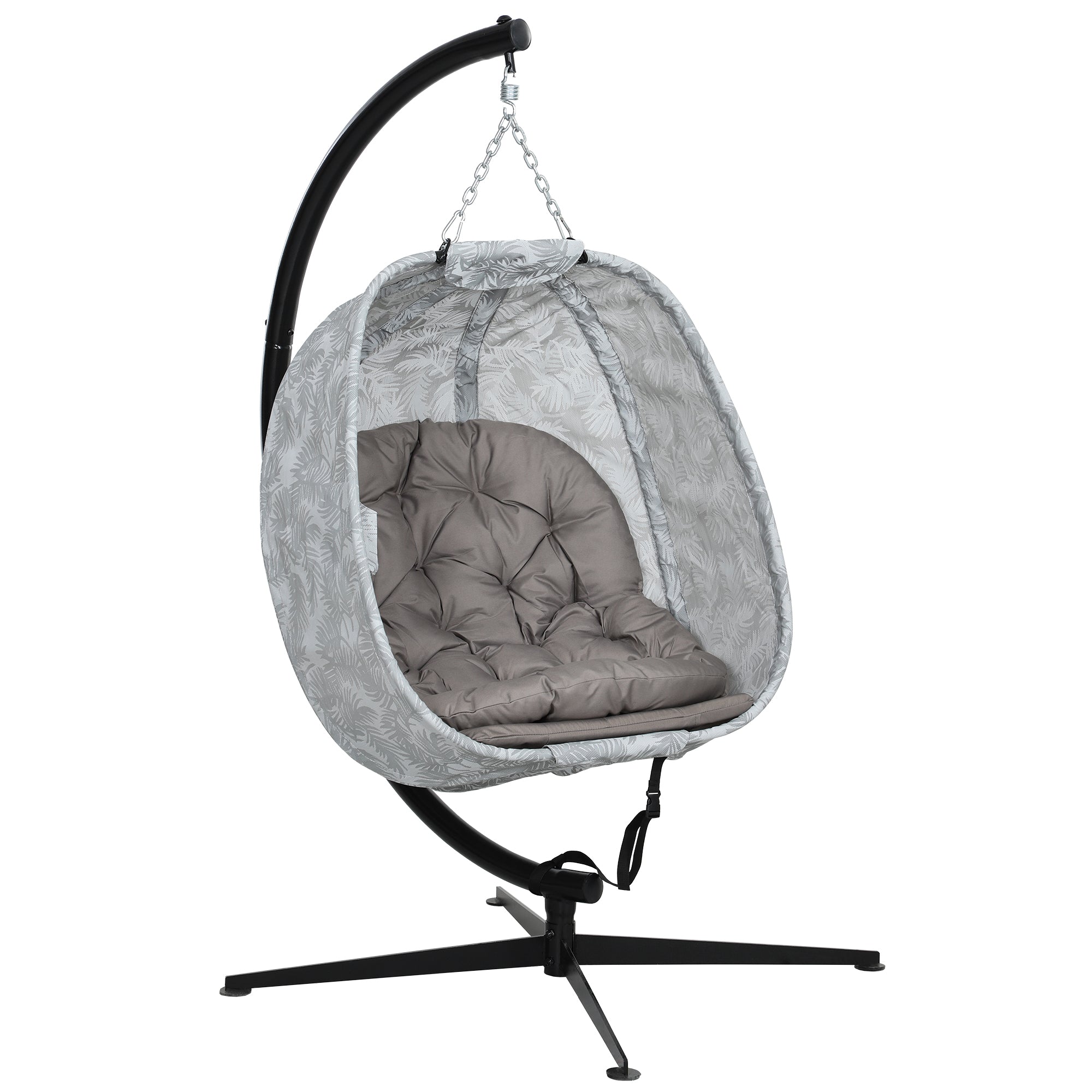 Hanging Egg Chair with Folding Basket, Stand, Thick Cushion, and Cup Holder, Sand Brown