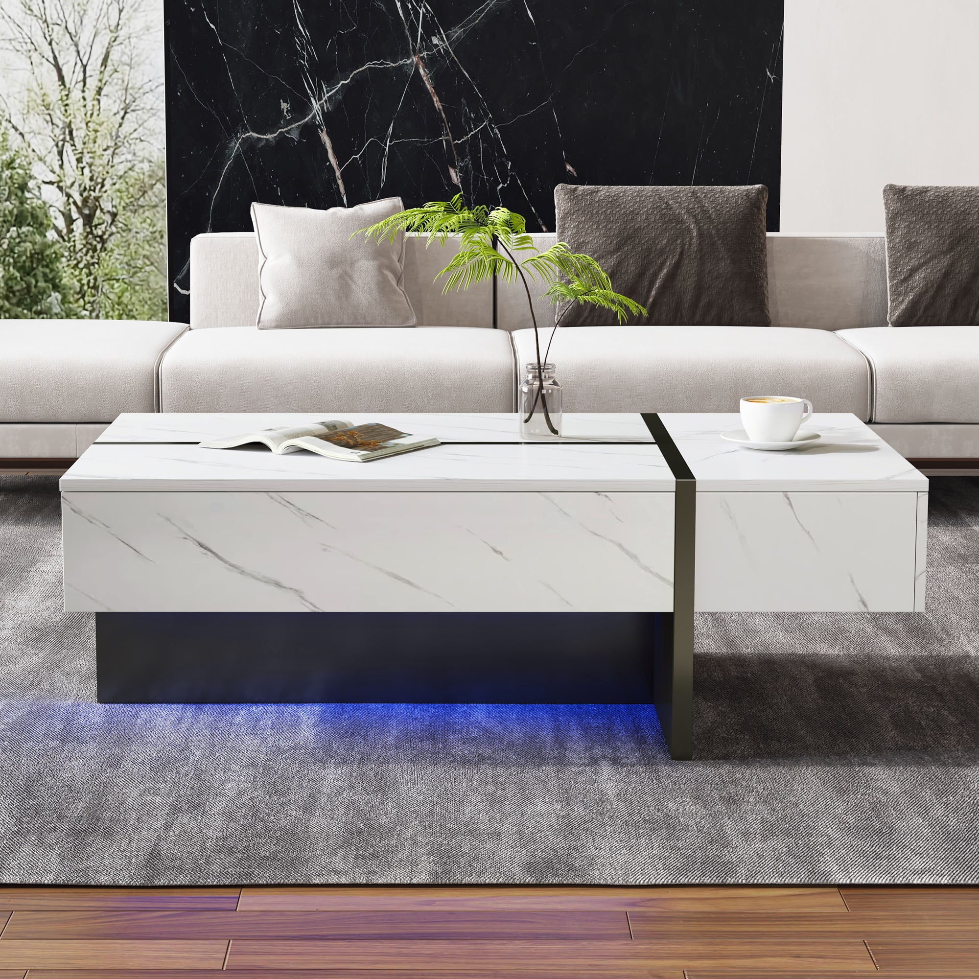 Coffee Table 105x60x35cm Irregular LED High-Gloss Marble - White