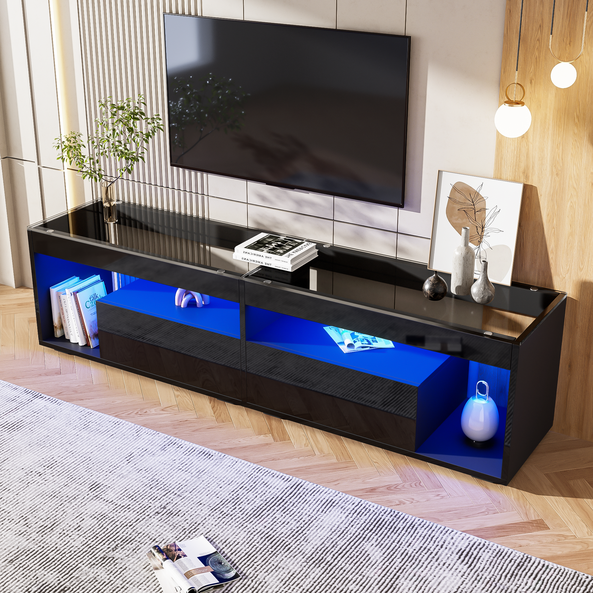 TV Cabinet, LED High-Gloss 70-inch with 2 Drawers, Black