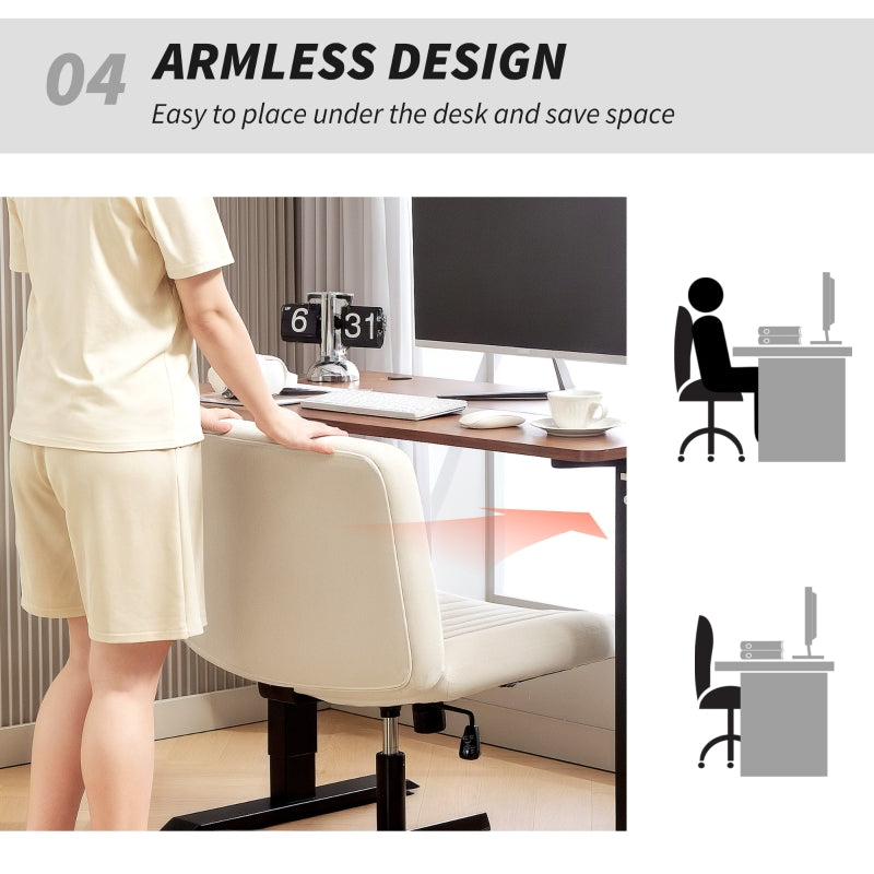 Armless Office Chair, Criss Cross Leg, Wide Seat, Height Adjustable Swivel, Linen Fabric, Cream