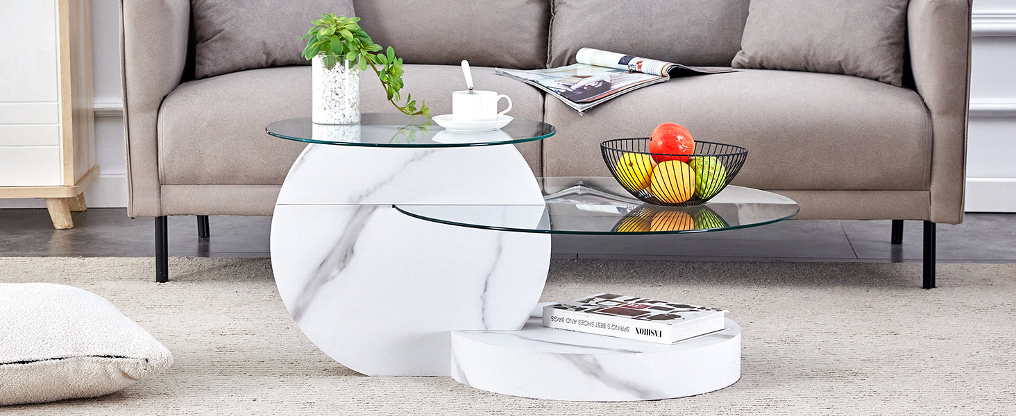 Modern Coffee Table Double-Layered Safety Glass Multi-Tiered White Marble Effect MDF