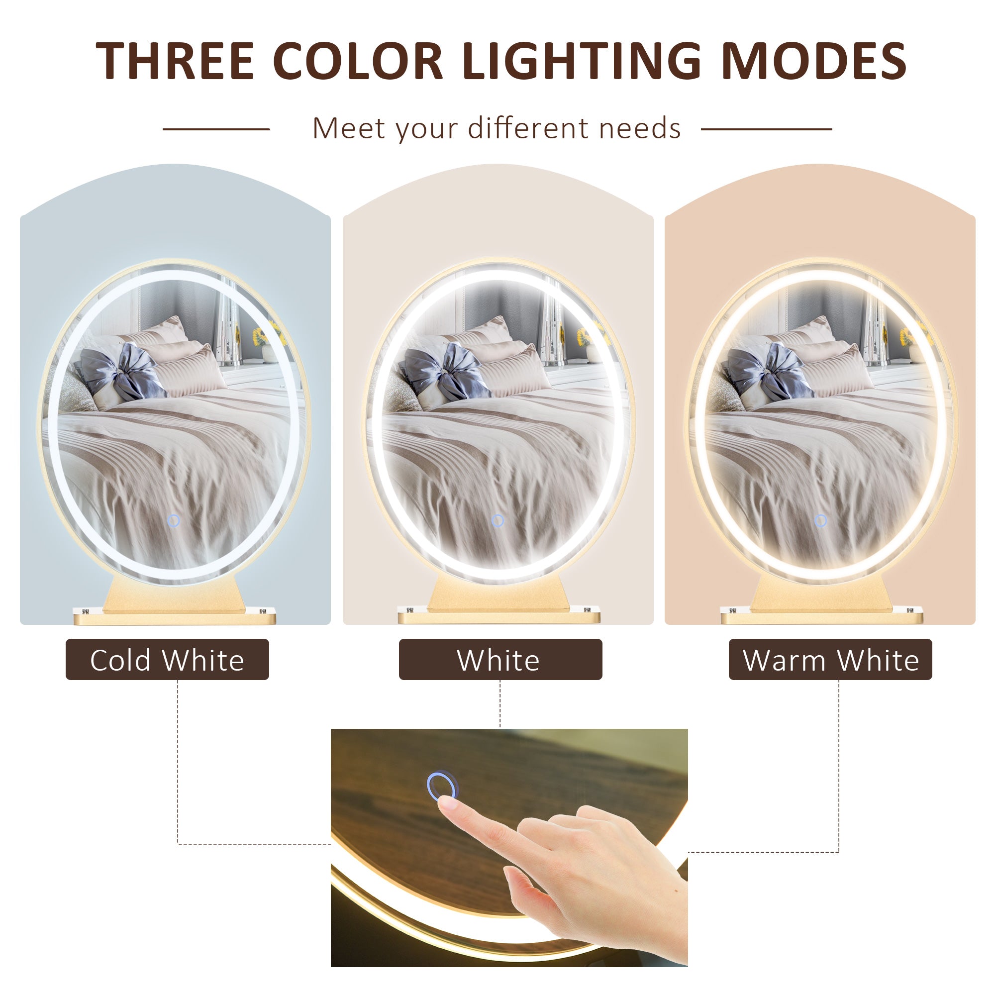 Dressing Table Set with LED Light, Round Mirror, 2 Drawers, Cushioned Stool, White