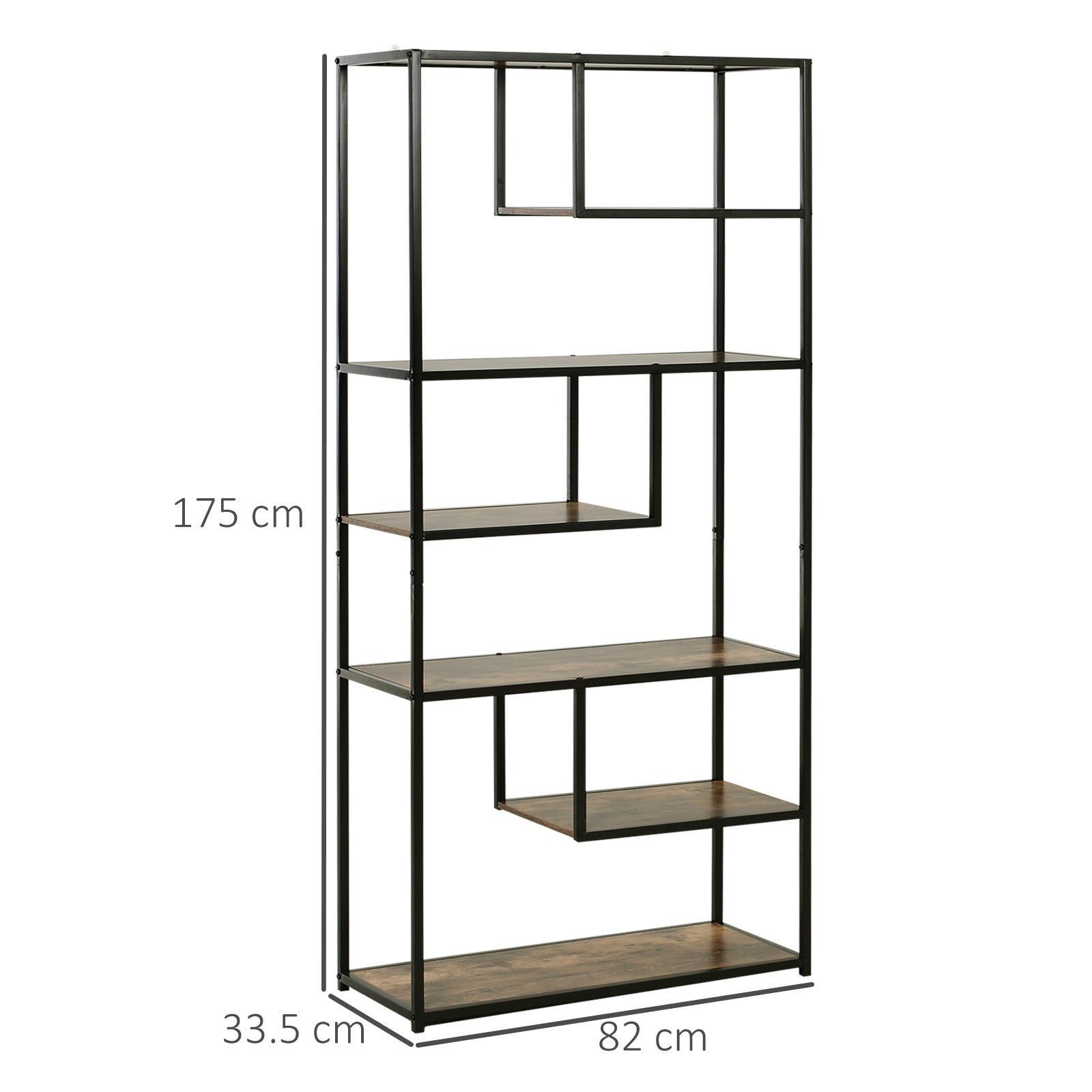 6 Tier Bookcase Industrial Tall Shelf Unit Steel Frame Rustic Brown and Black