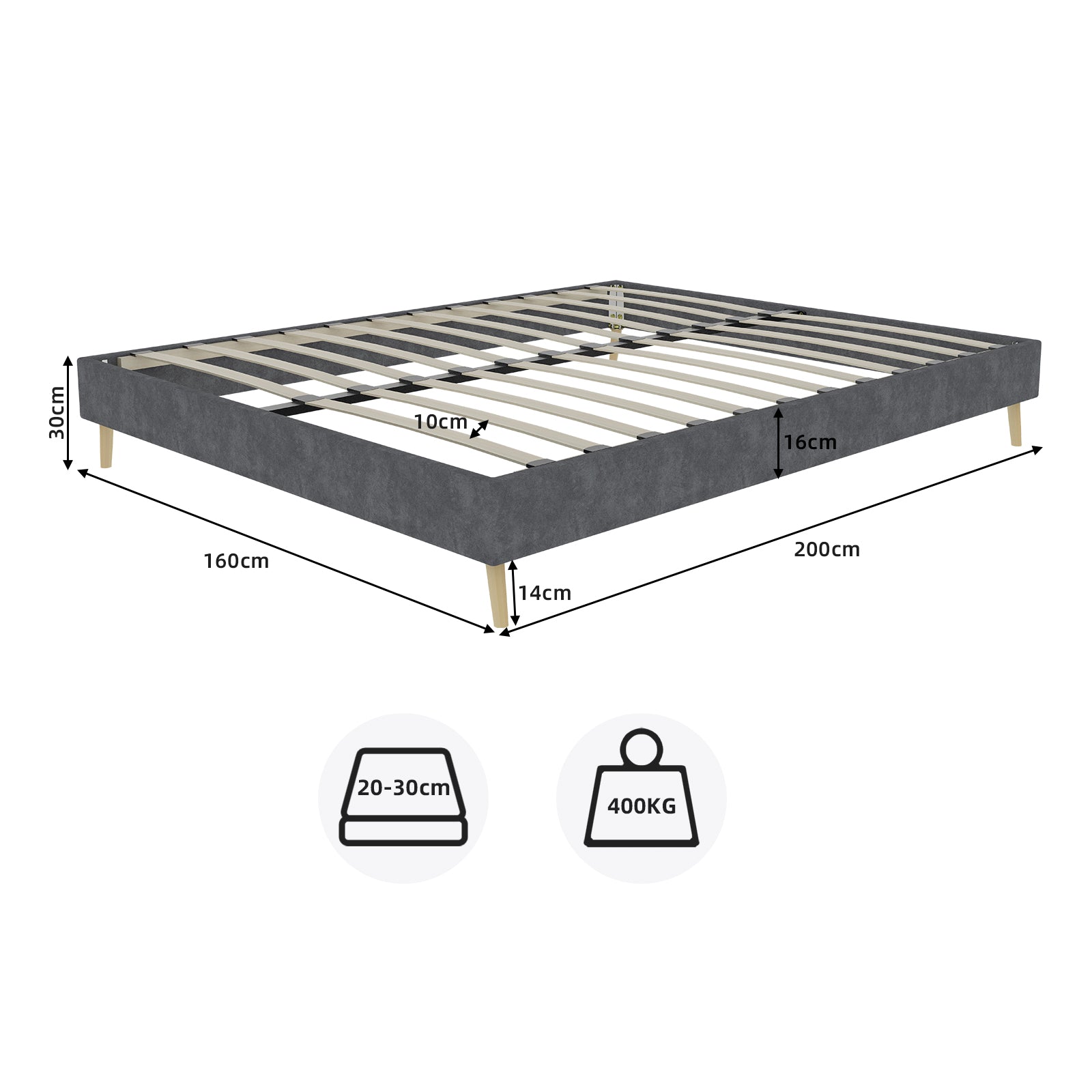 Modern Minimalist Bed Frame, 160x200 cm Low-Profile, Grey Dutch Velvet Fabric