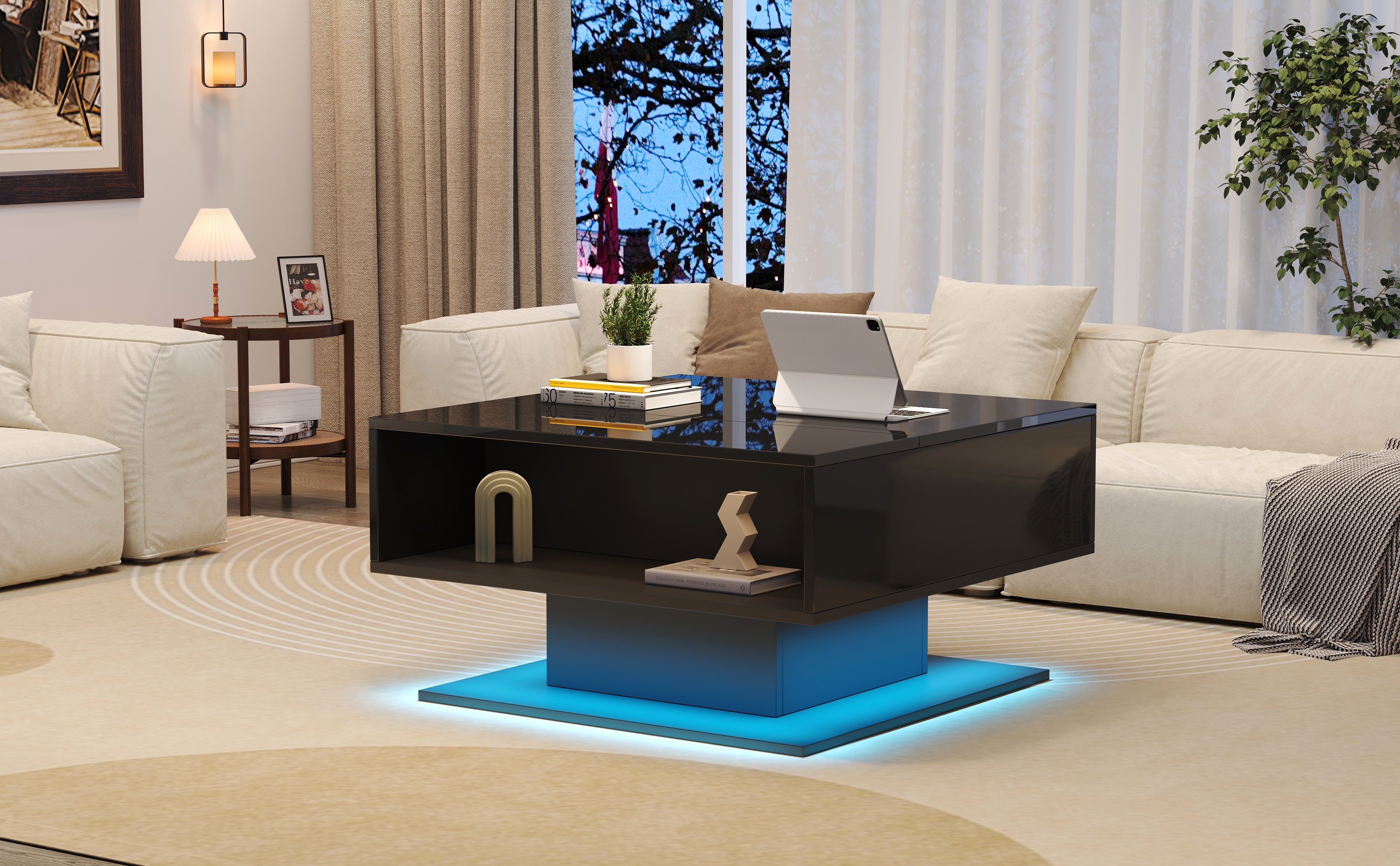 Coffee Table with Hydraulic Lift, High-Gloss, Storage, Black