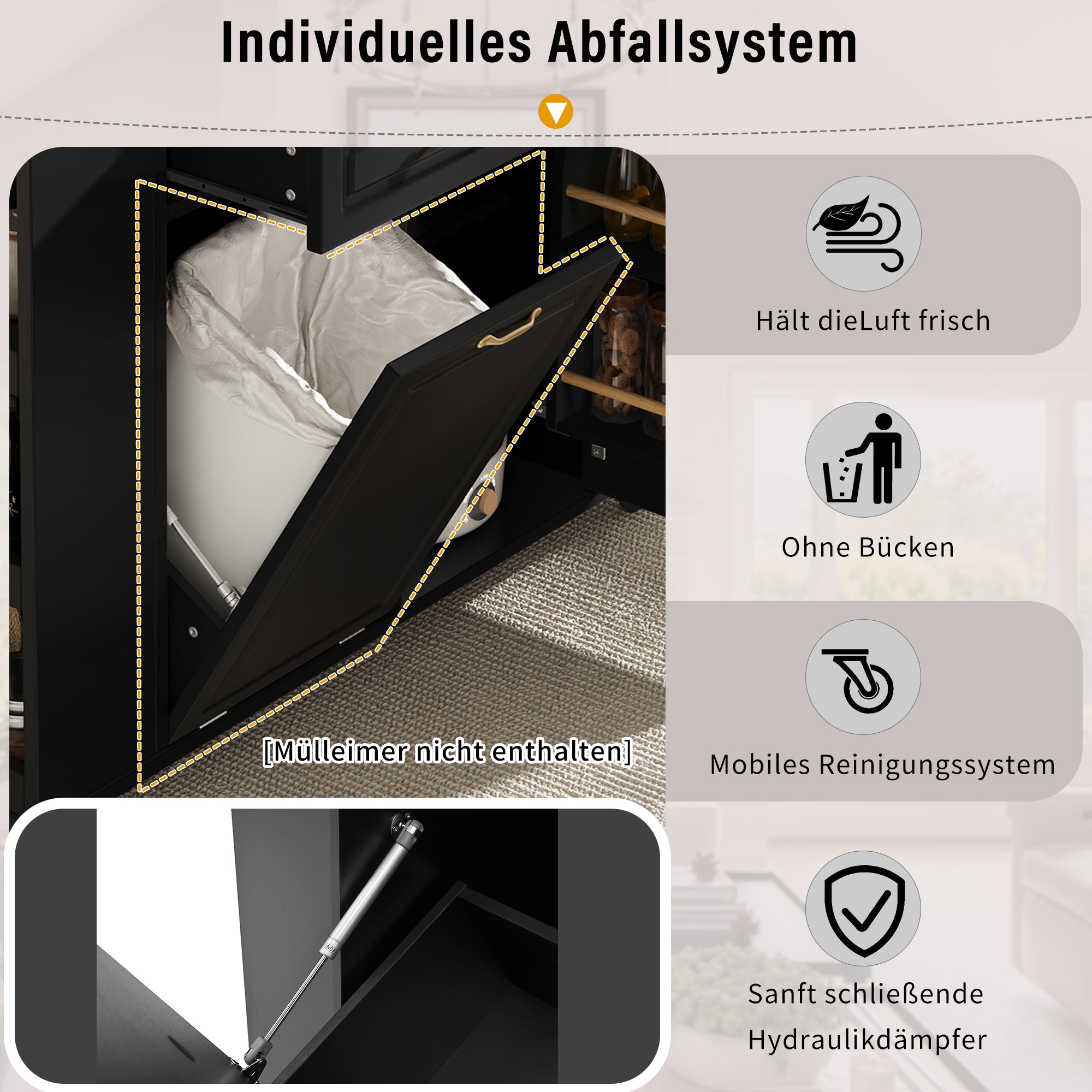 Kitchen Island Mobile Serving Cart Extendable Table Wheels Waste Bin Power Strips Black