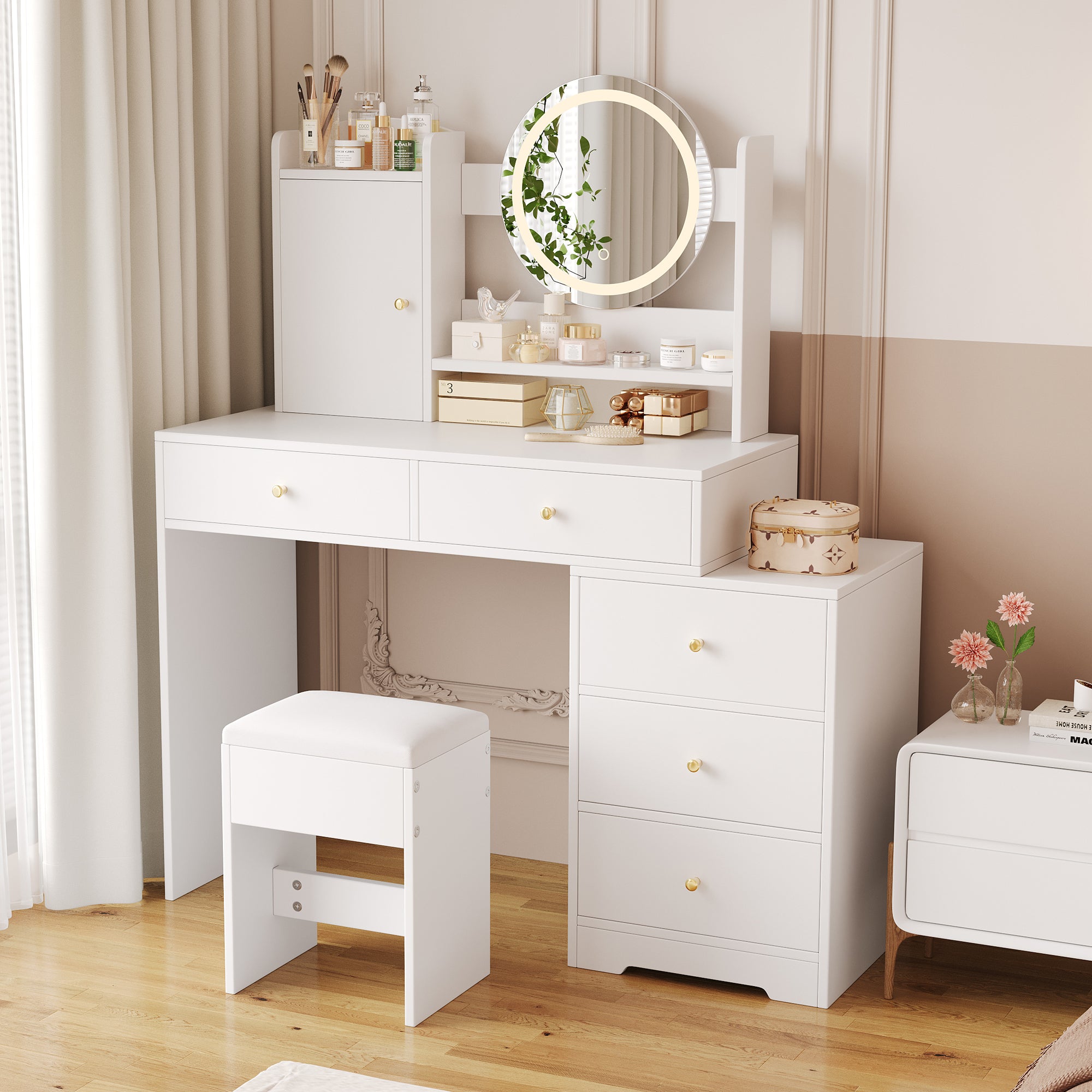 Dressing Table with Dimmable LED Lighting, Integrated Outlets, Mirror, Stool, 5 Drawers, Door Compartment, White