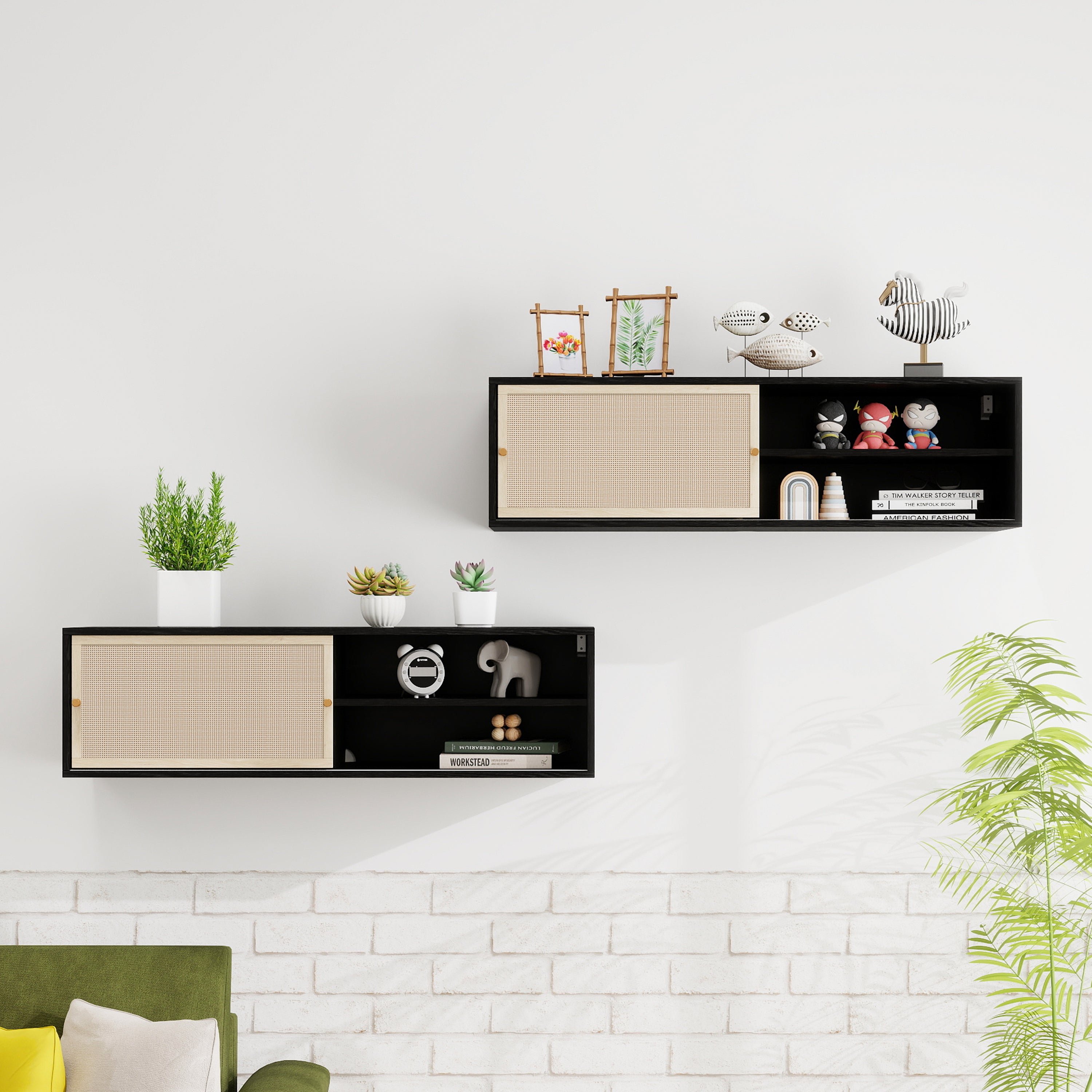 Wall Cabinet rectangular with sliding doors, rattan weave, 110 cm, black