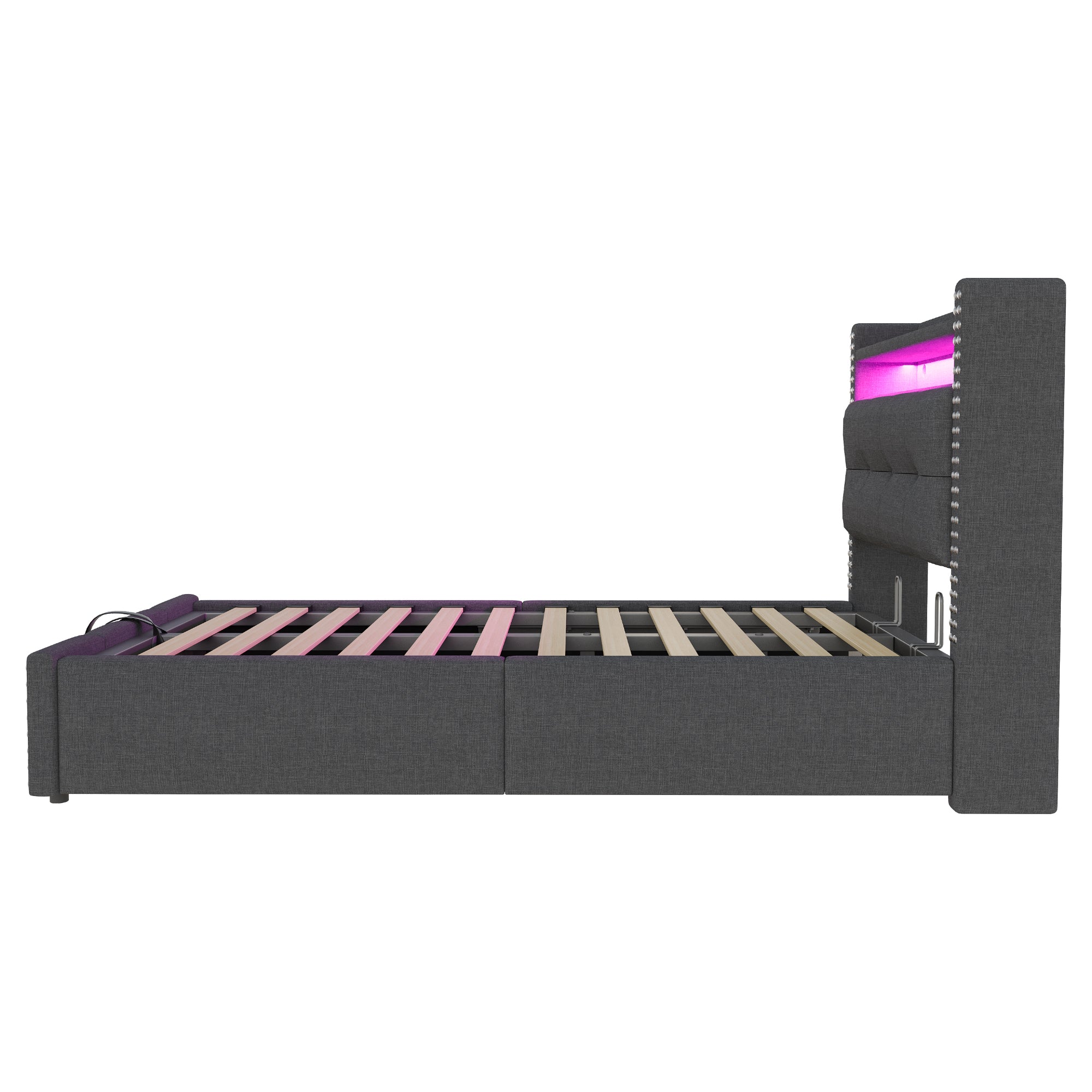 Linen Upholstered Single Bed with Storage, LED Lights & USB Charging