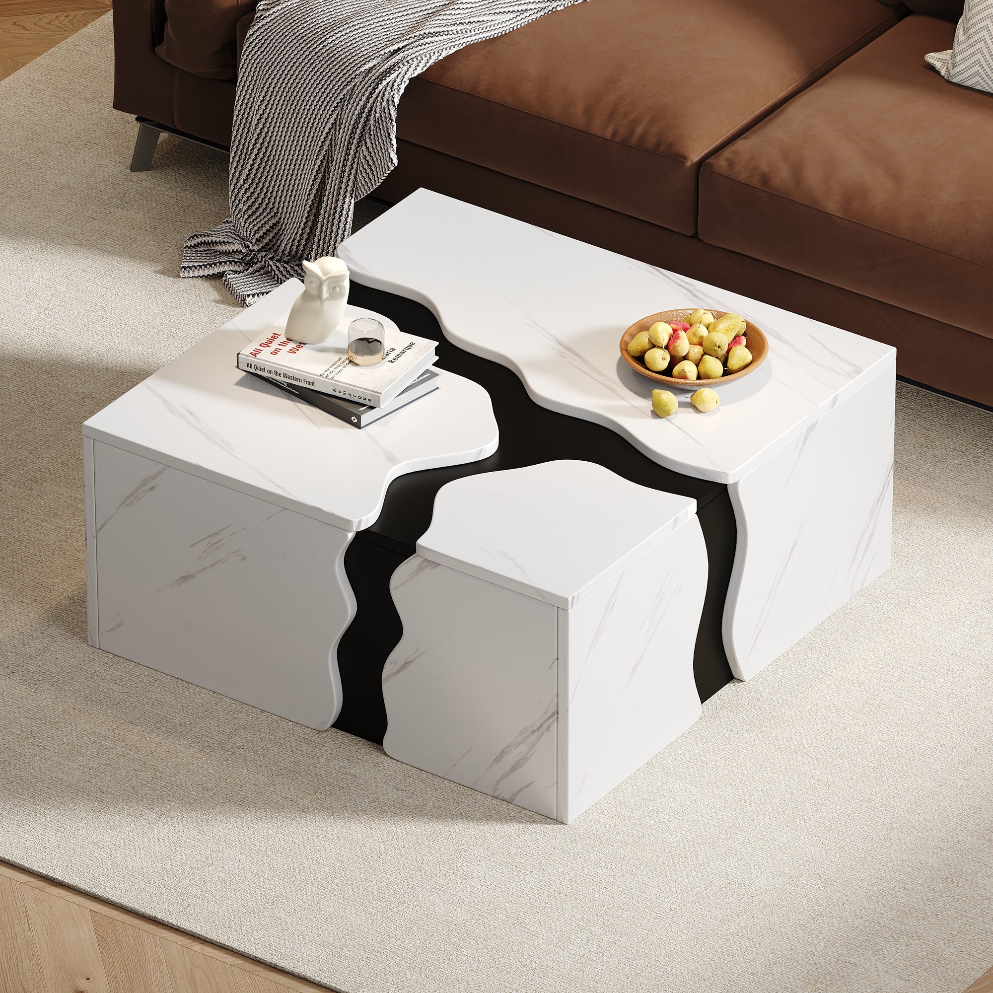 Living Room Coffee Table 70x70x31cm Cube Design Drawer Storage Marble Veneer