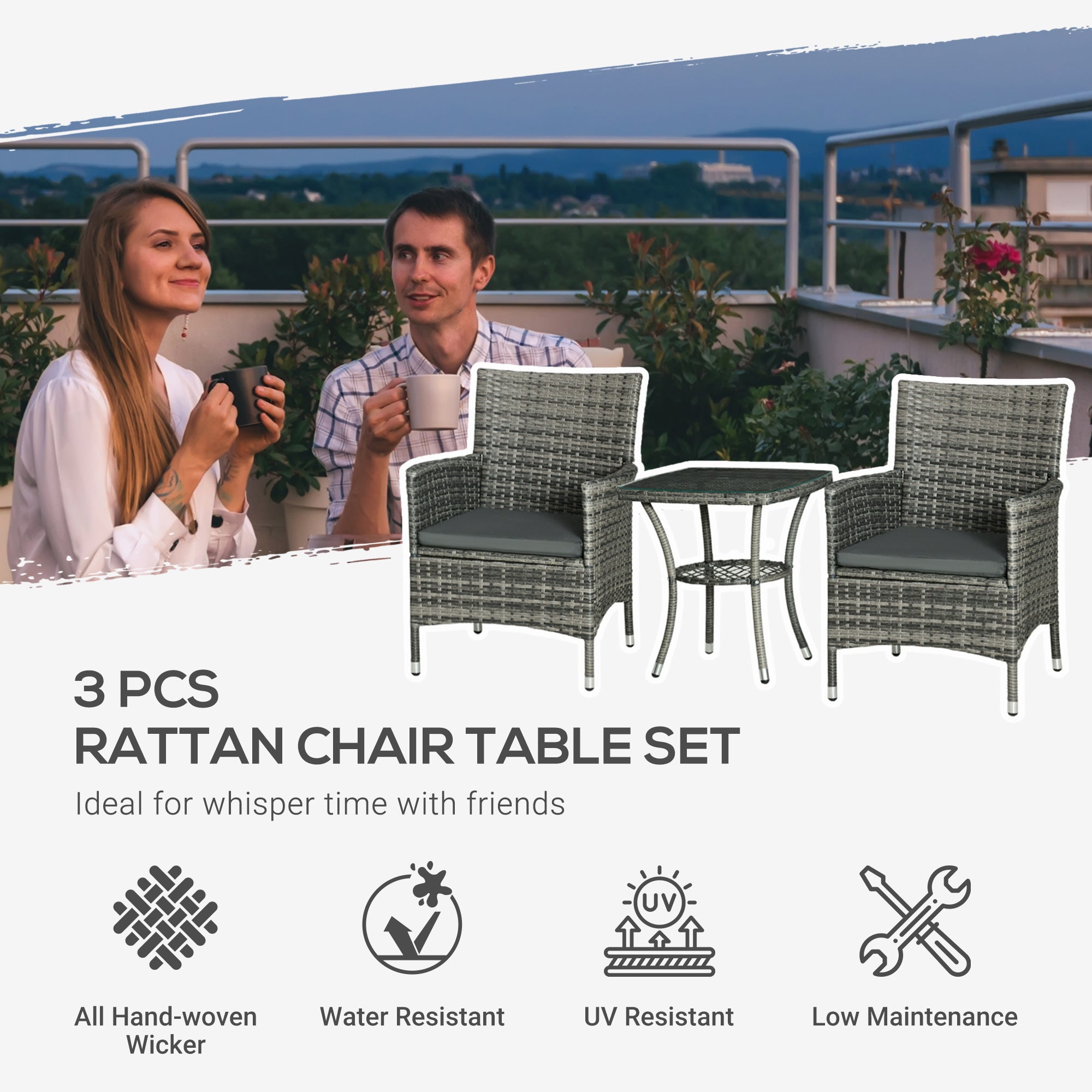 3 Pieces Rattan Bistro Set, Wicker 2-Tier Coffee Table Chairs Washable Cushions, Mixed Grey