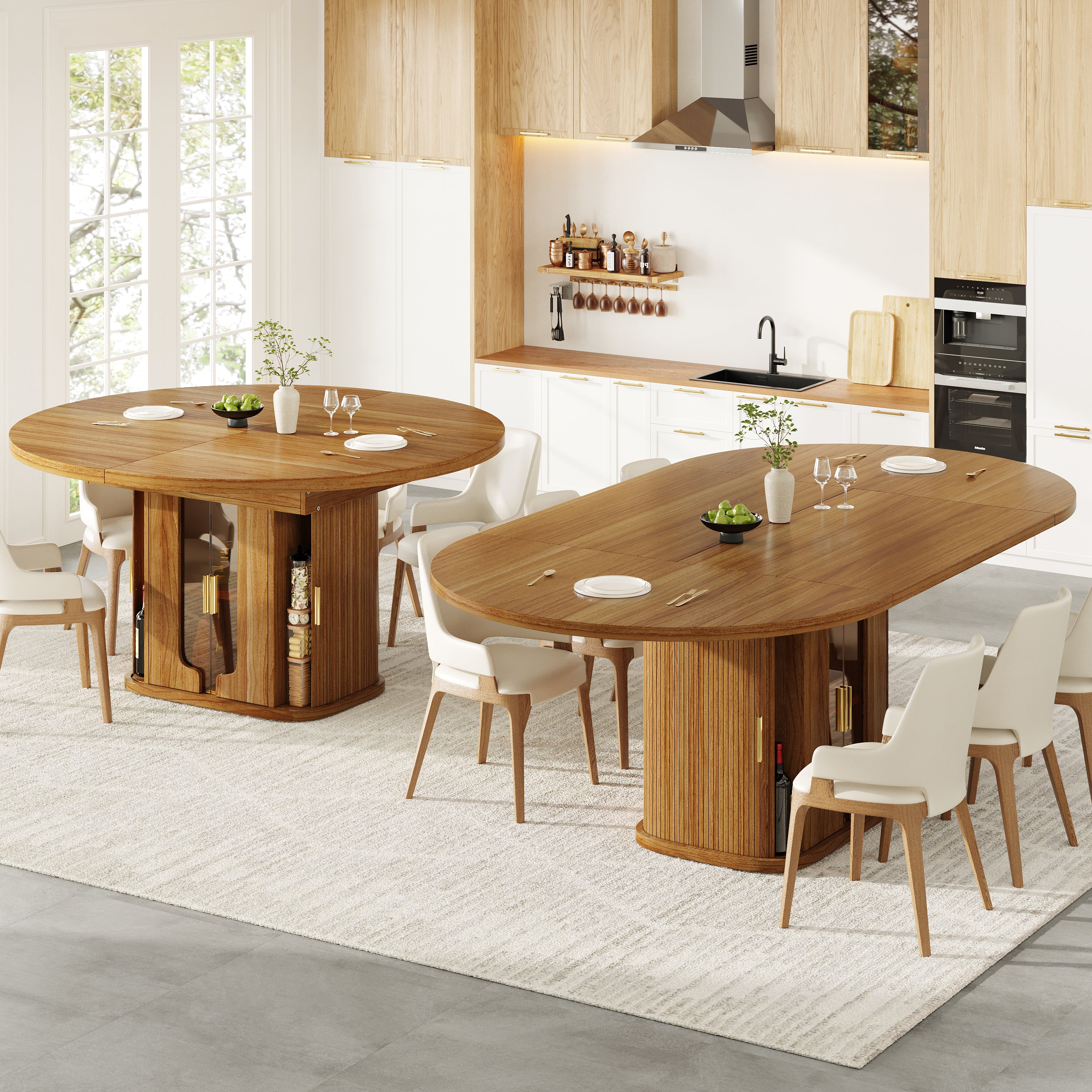 Extendable Round Dining Table, Oval 118-158 cm Seats up to 6 with Glass Doors, Walnut