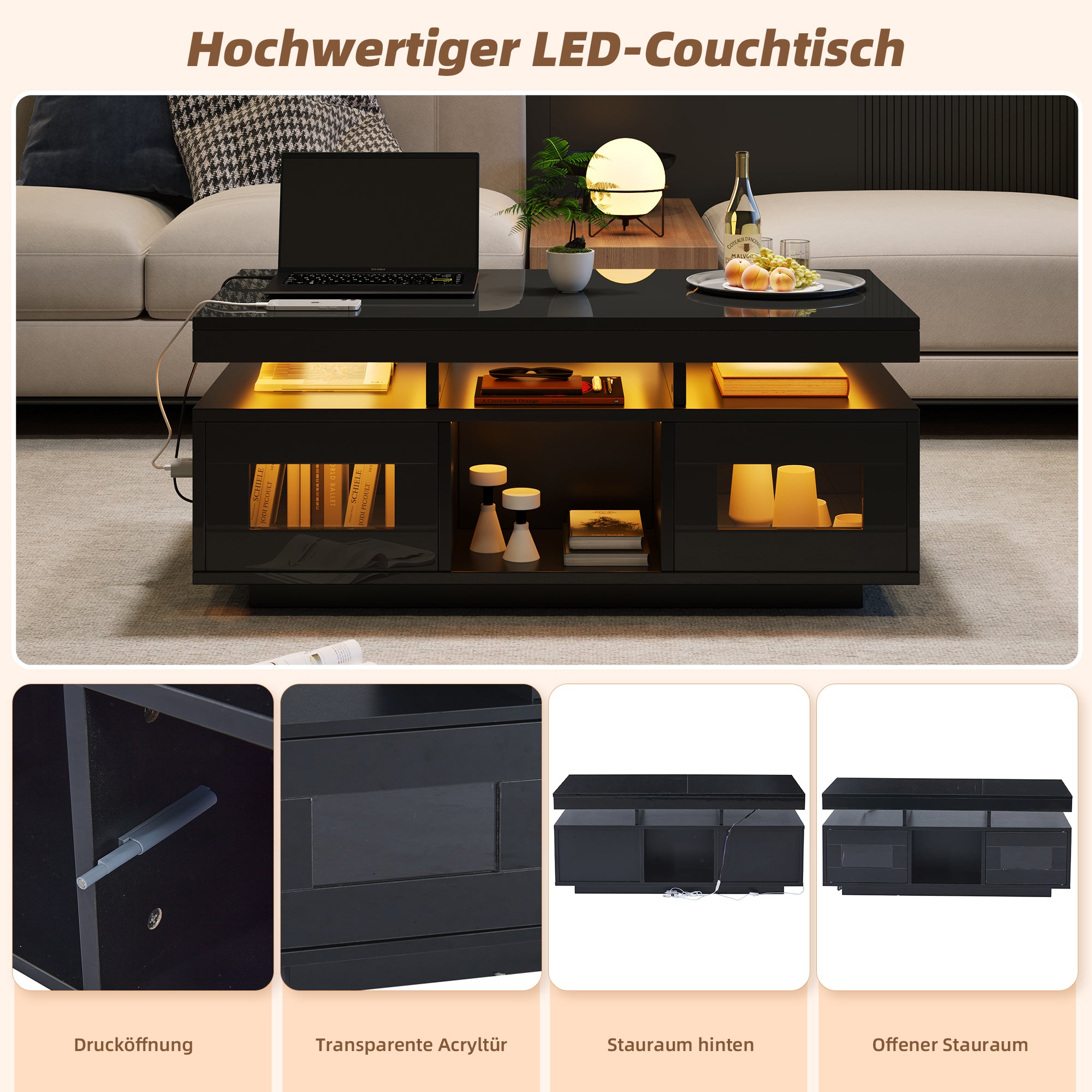 Coffee Table 100x50x43cm High-Gloss LED Lights Charging Port Black