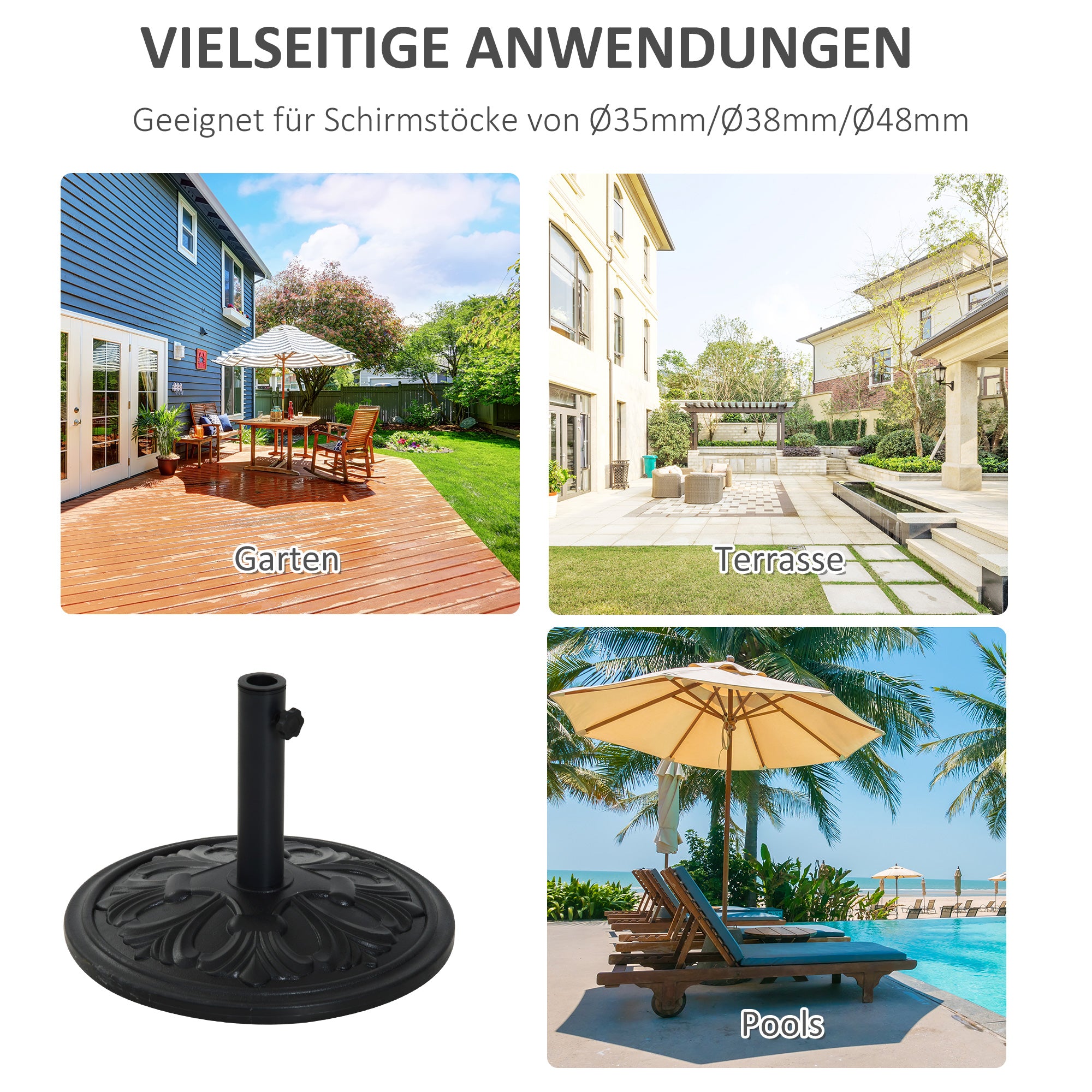 Parasol Base Ø48x34cm Stable Support for Ø35/Ø38/Ø48mm, Antique Black Plastic & Cement