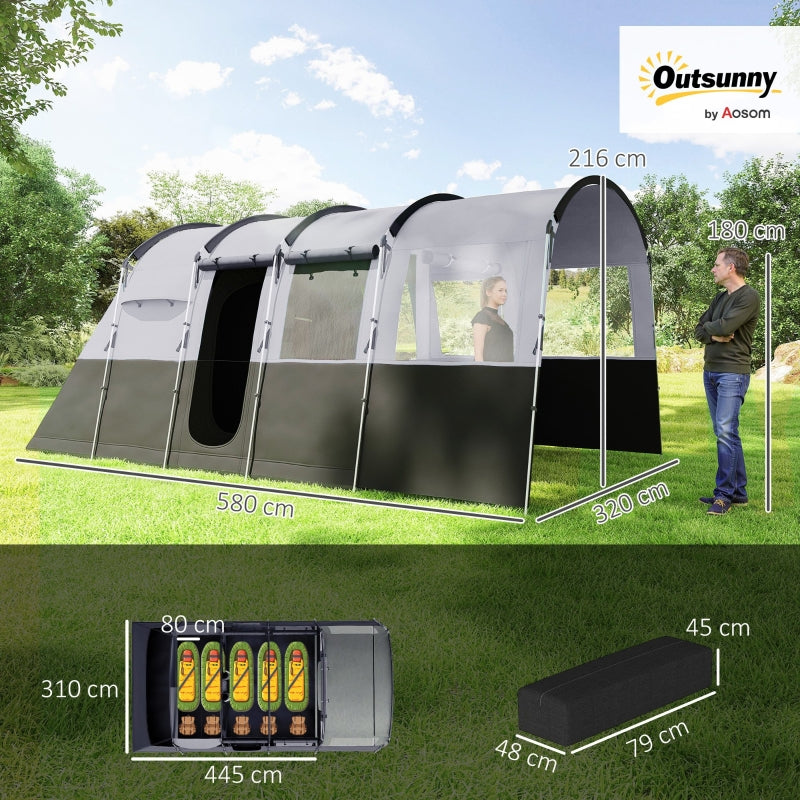 8-Person Camping Tent, Waterproof Family Tunnel Design, Grey