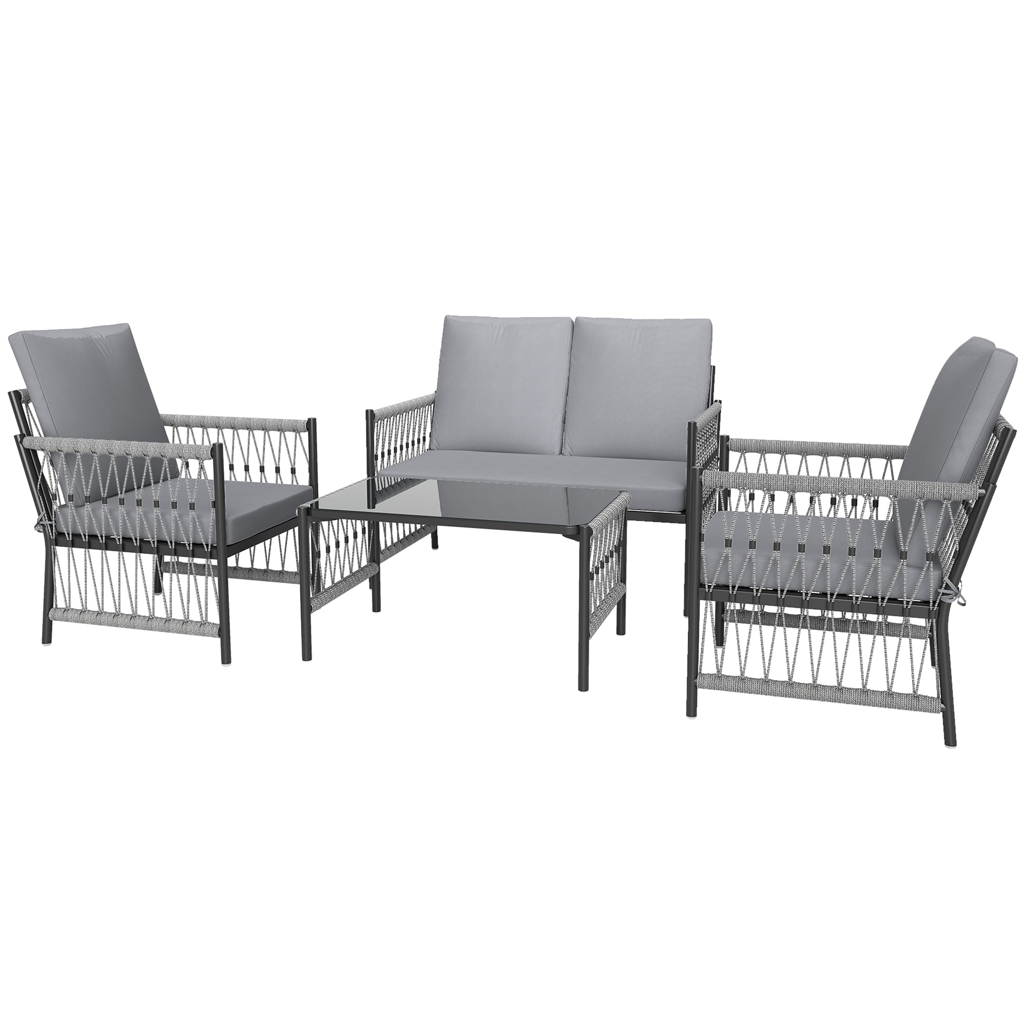 4 Piece Rattan Garden Furniture Set, 4 Seater Wicker Patio Conversation Set, Grey