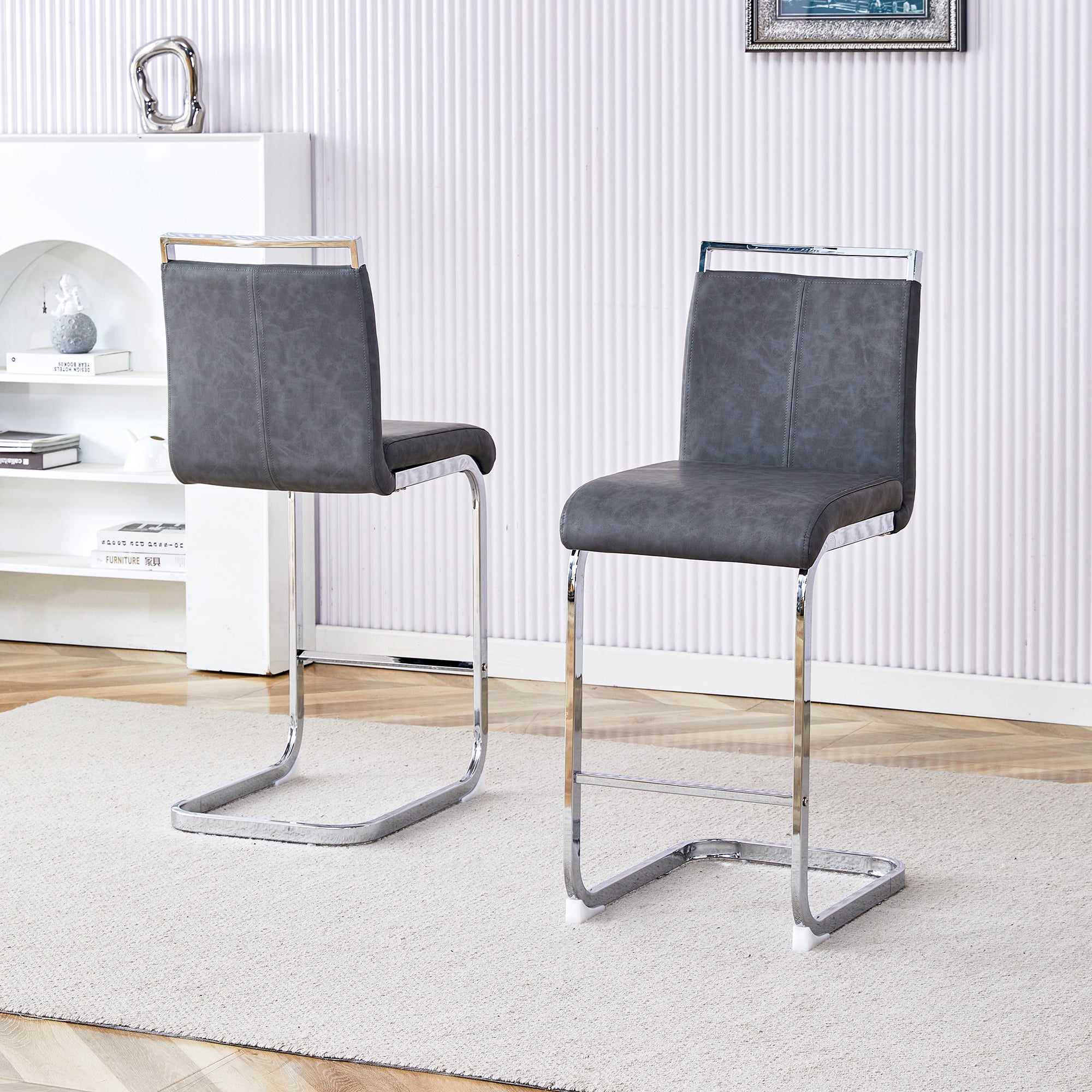 Bar Stools, High-Quality Nordic Style Set of 2, Grey PU