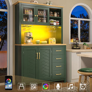 Buffet Cabinet with LED Light Strip and Drink Holders, Green, Black and White