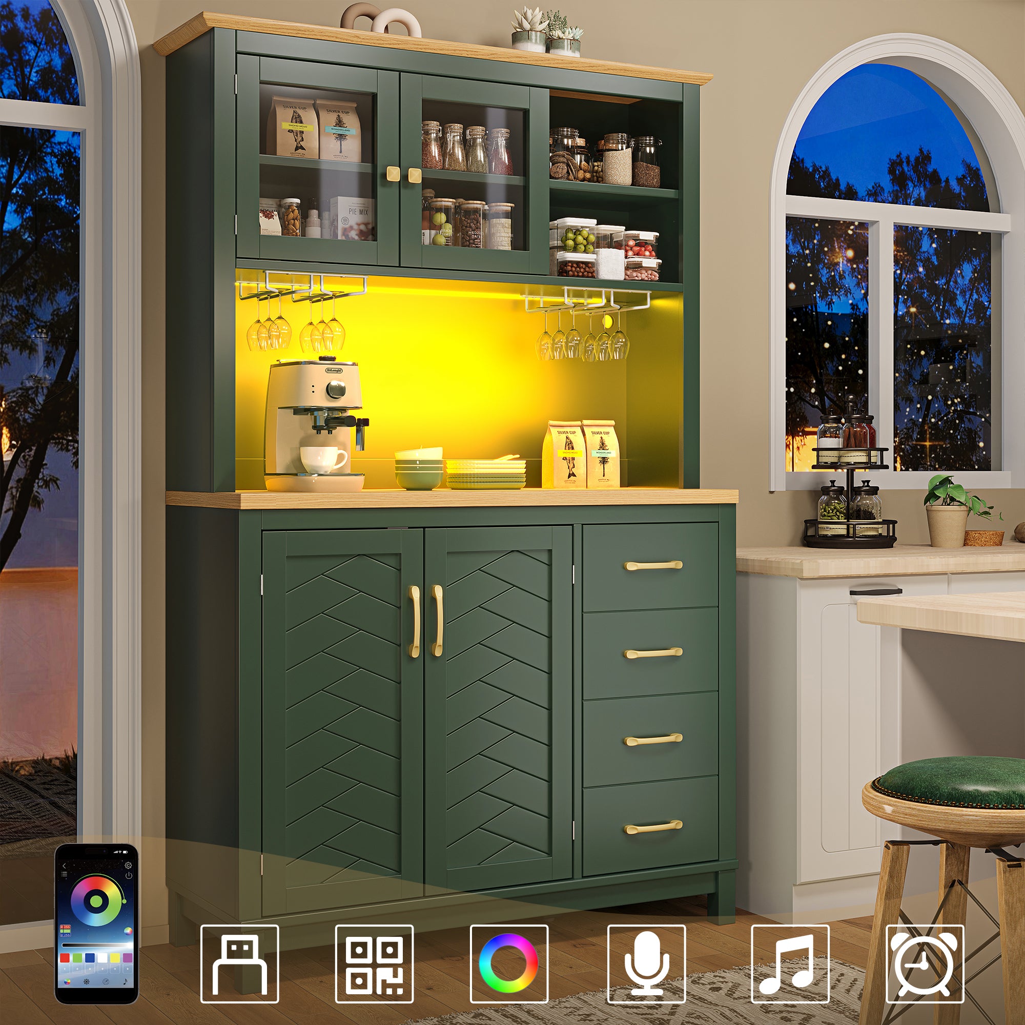 Buffet Cabinet with LED Light Strip and Drink Holders, Green, Black and White