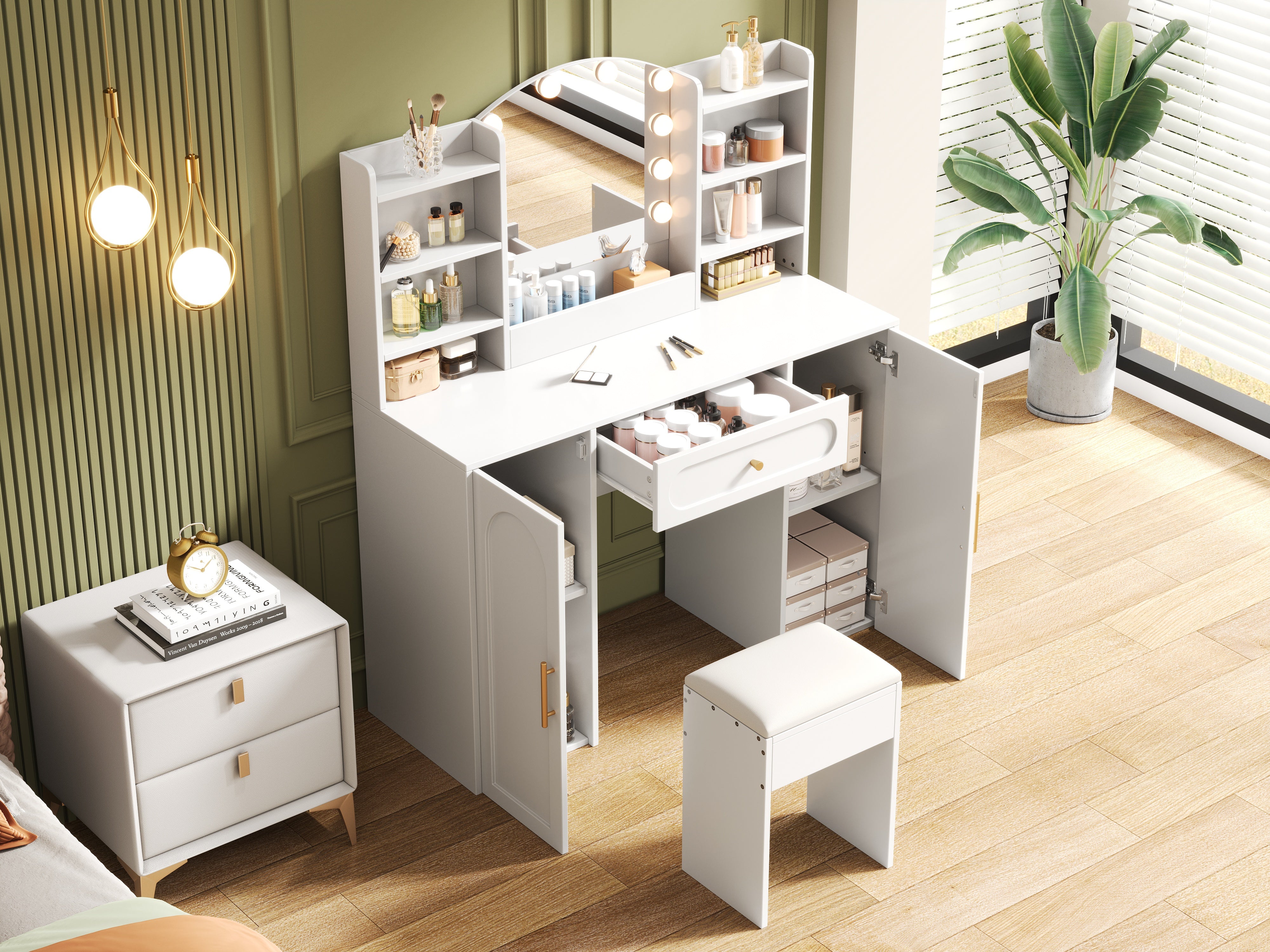 Large Vanity Table with LED Lighting, Mirror and Stool, White