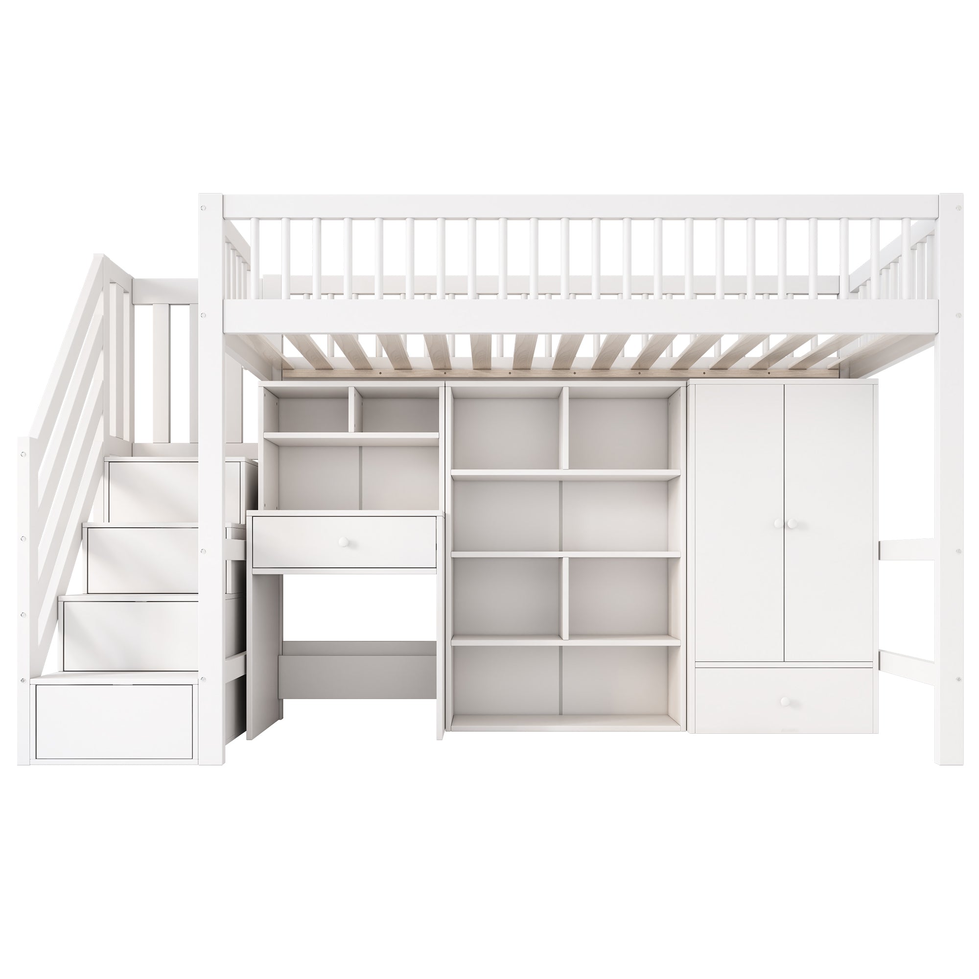 Children's Bed, Multifunctional with Desk, Stairs, Storage, Solid Wood/MDF, White