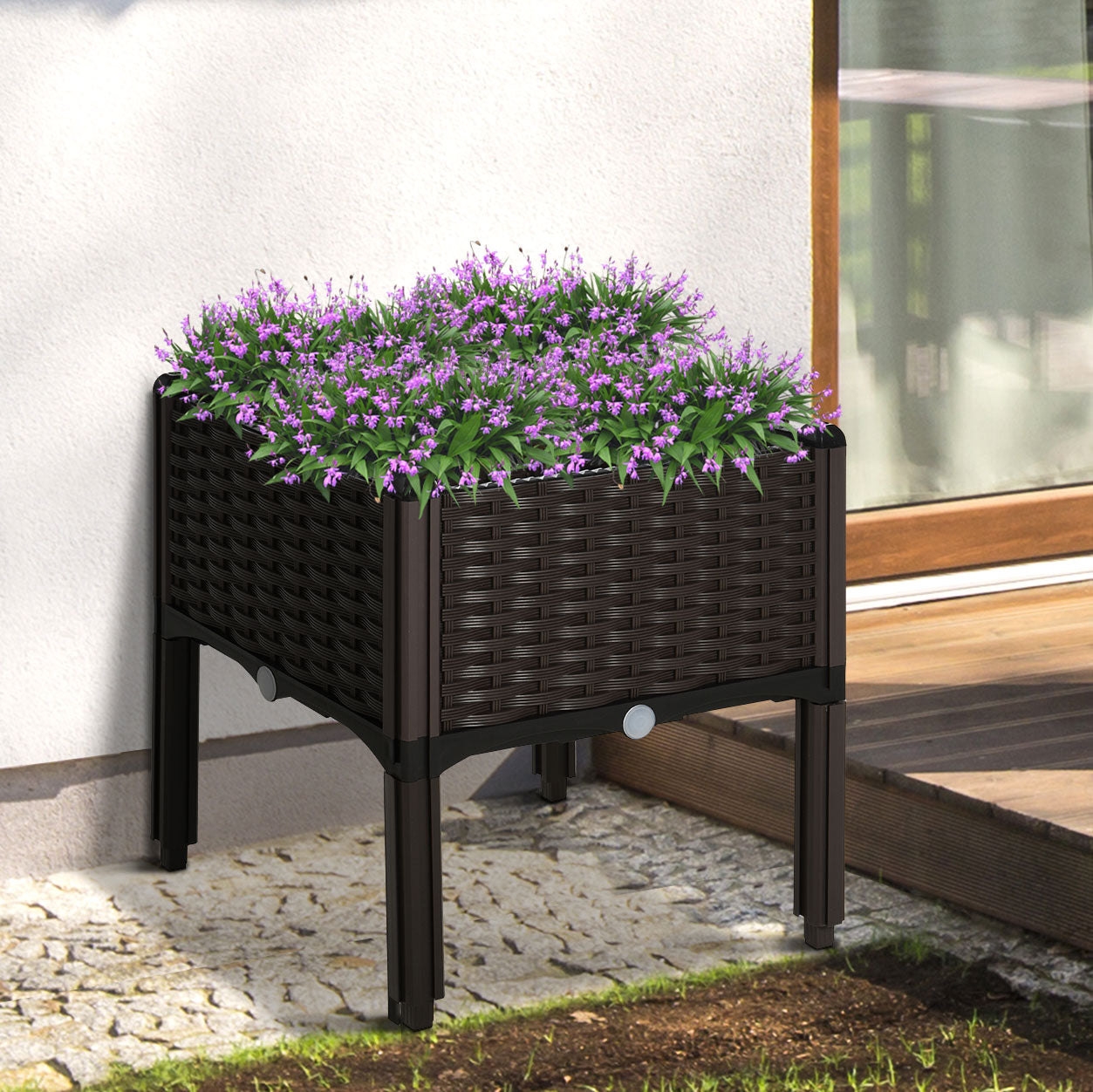 Raised Bed Planter, Rattan Look, 40x40x44cm, PP Brown