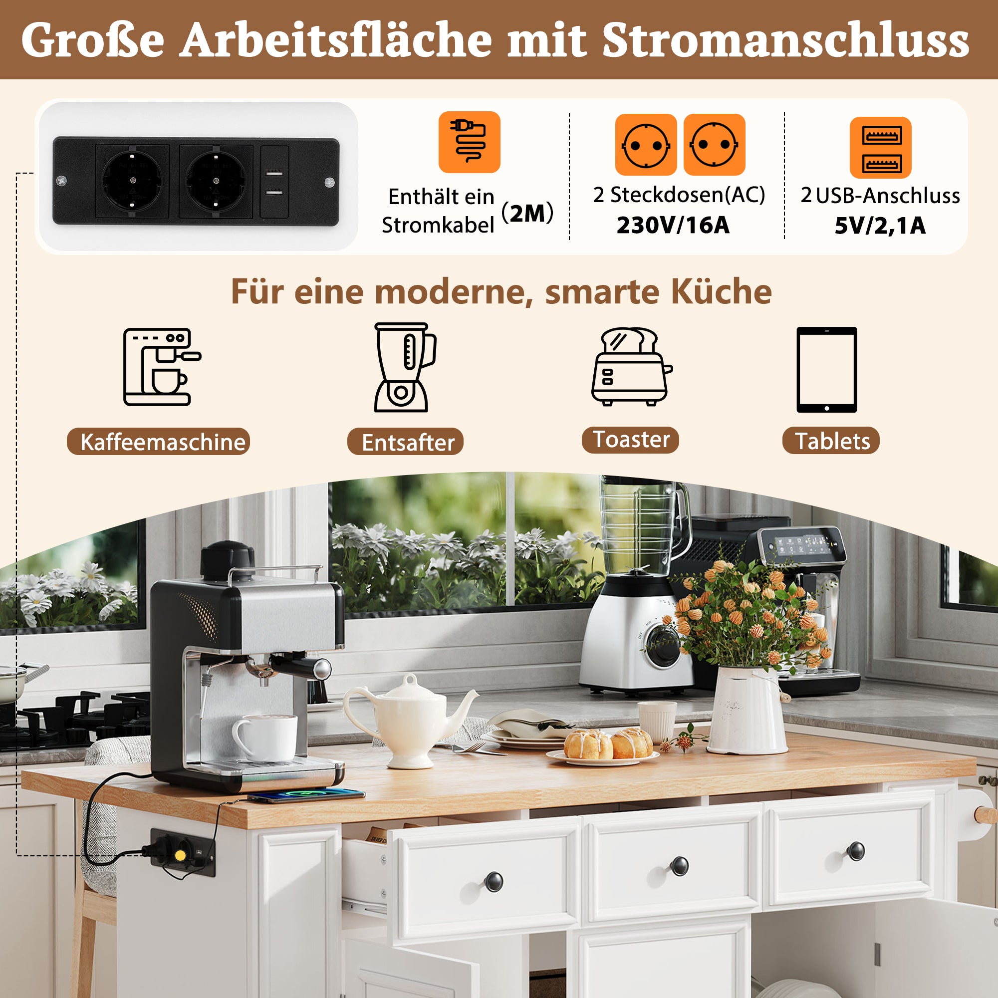 Extendable Kitchen Island with Drawers, Shelves & Power Strips - White