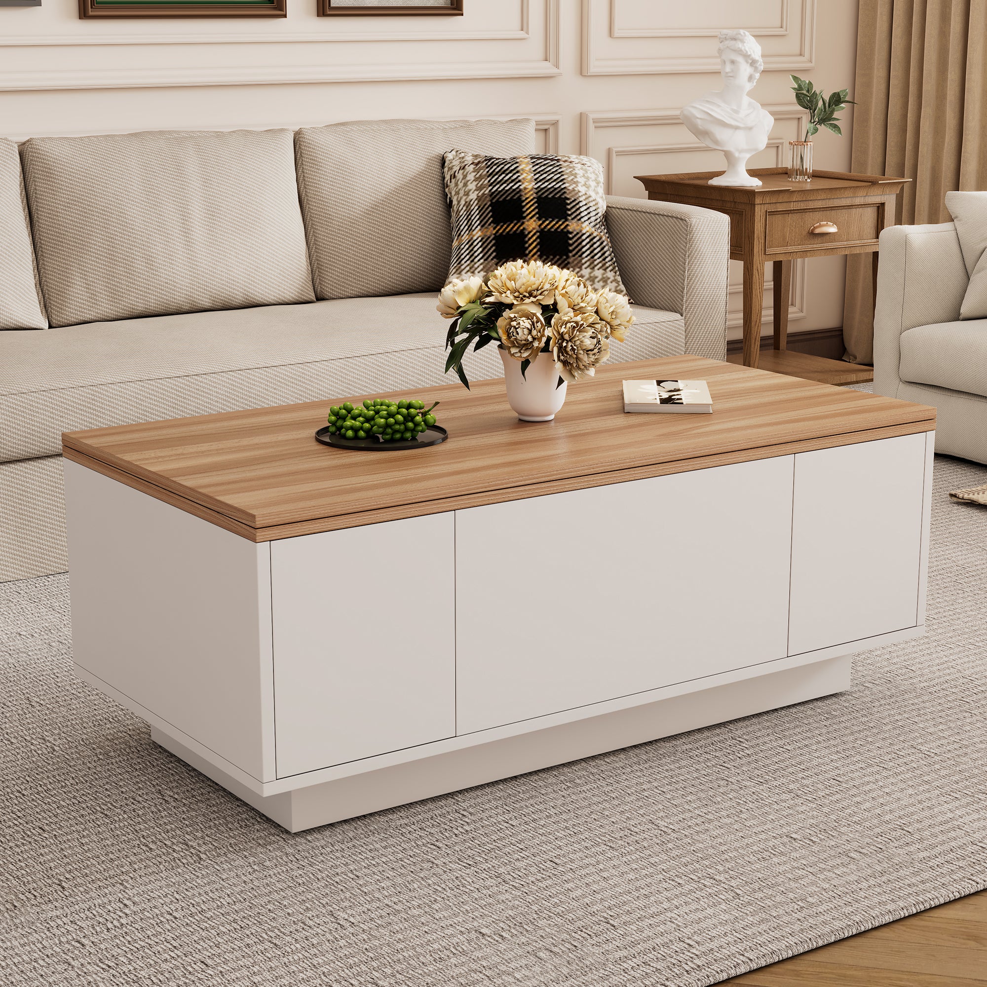 Lift Up Coffee Table Hidden Storage, 2 Lifting Platforms, White + Wood Particleboard