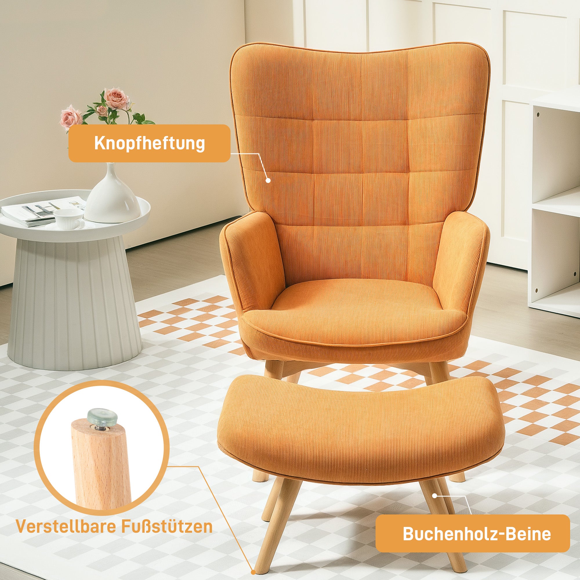 Armchair Footstool Wingback High Back Tufted Wooden Legs Corduroy Brown