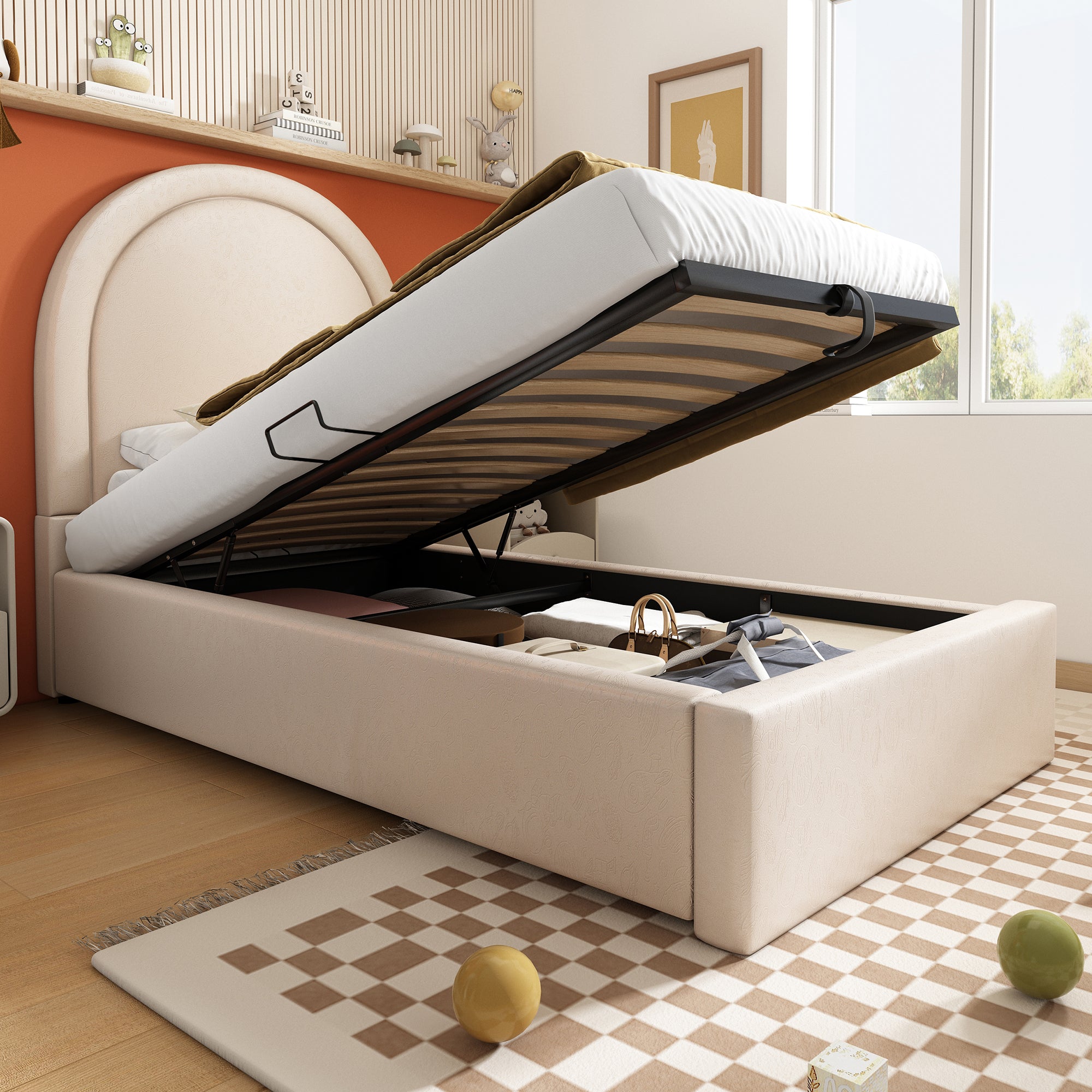 Upholstered Children's Bed, Single with Cosmic Pattern, Beige PU