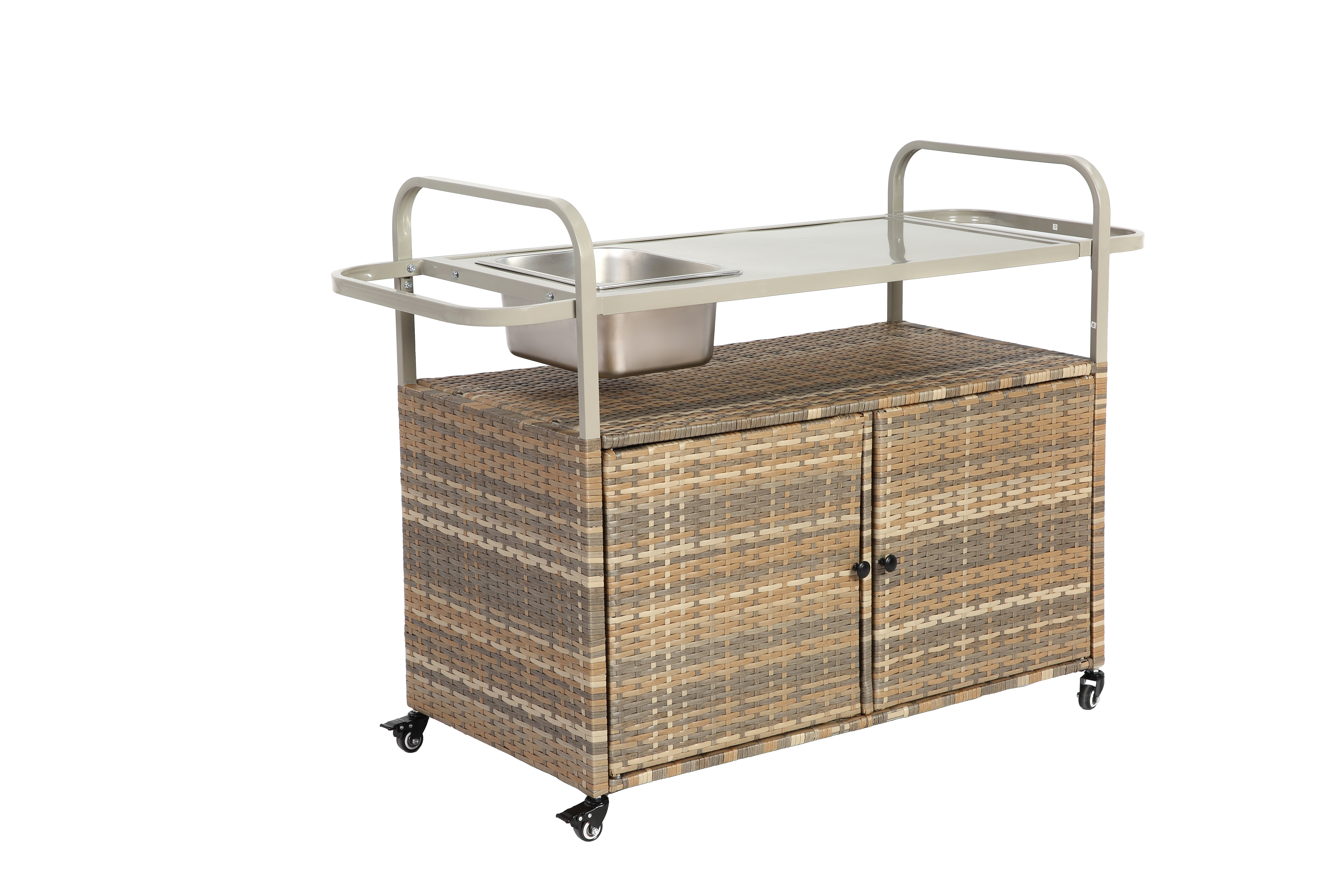 Outdoor Bar Table, Wicker Bar Cart with Cabinet, Steel Top, Ice Bucket, Lockable Wheels, Beige