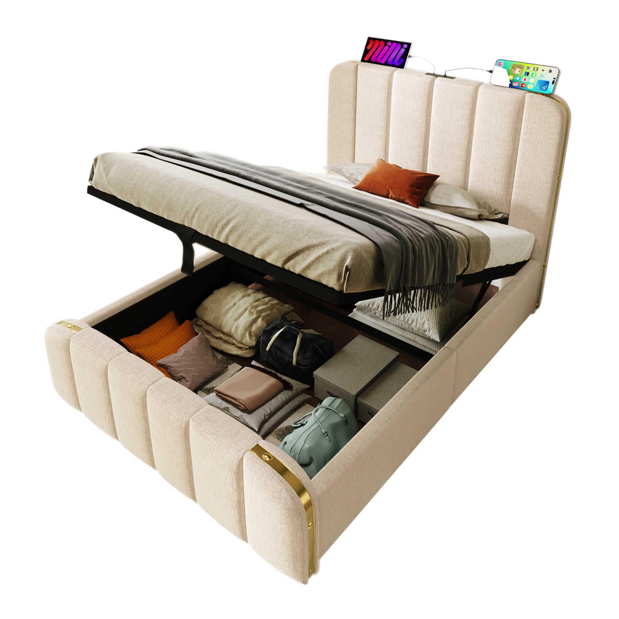 Upholstered Single Bed, Hydraulic Storage with USB Type-C, Beige Linen