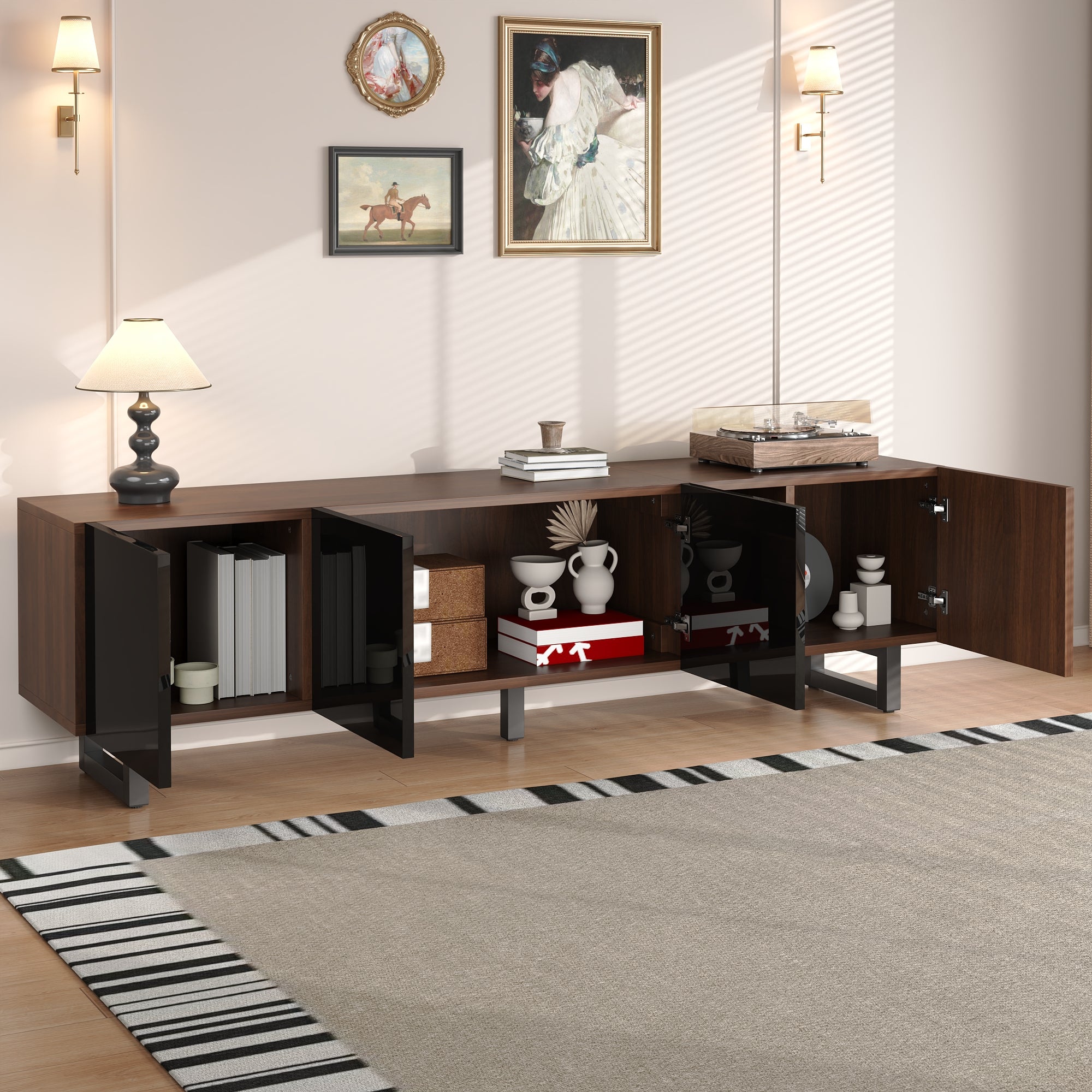 TV Cabinet with Four Doors, Low Stand, Vintage Wood Grain