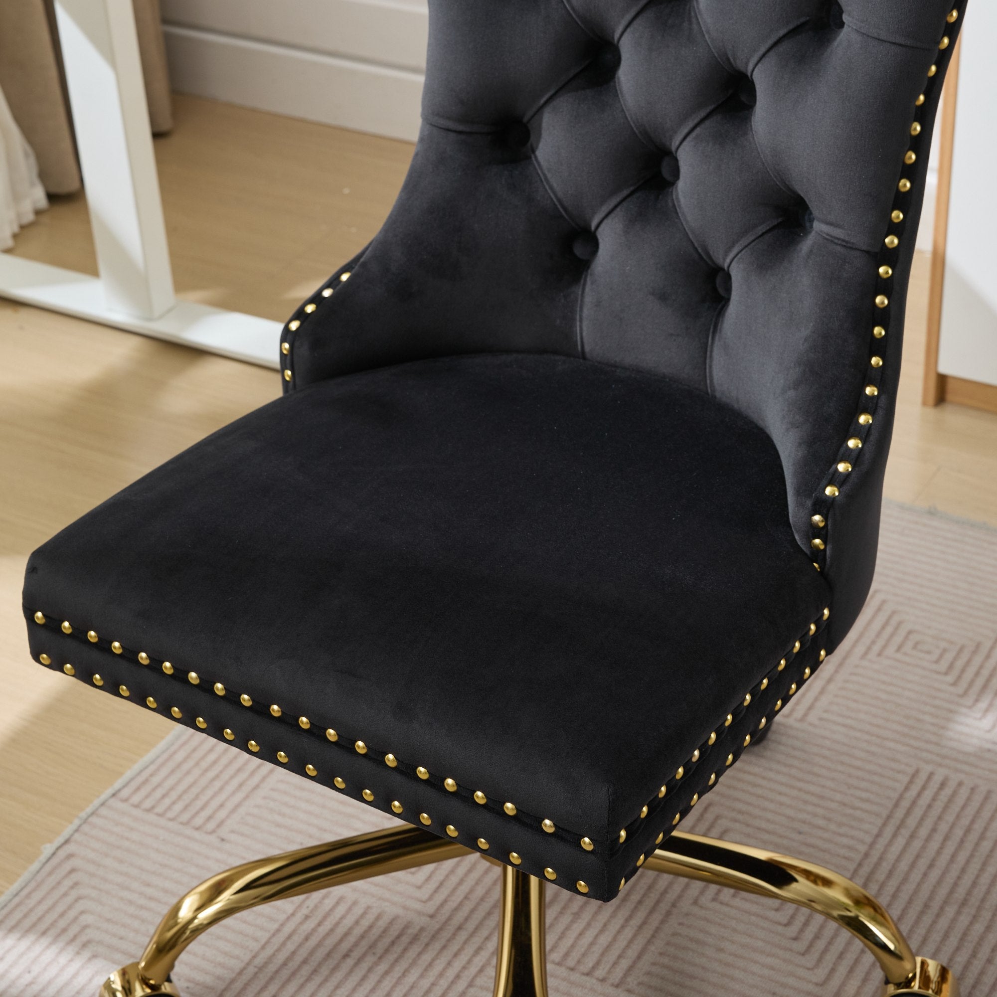 Home Office Chair Velvet Upholstered Tufted Swivel Adjustable Golden Base - Black