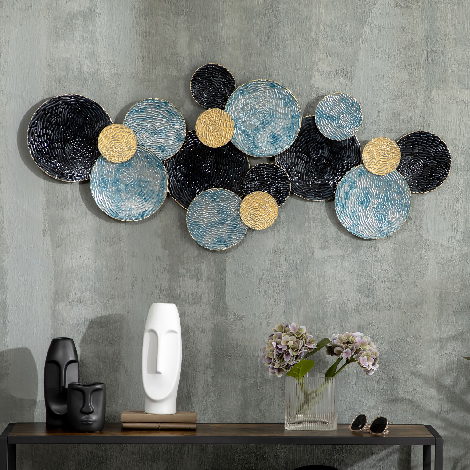 3D Wall Art, Modern Sculpture, 121x53cm, Gold Black Blue Metal