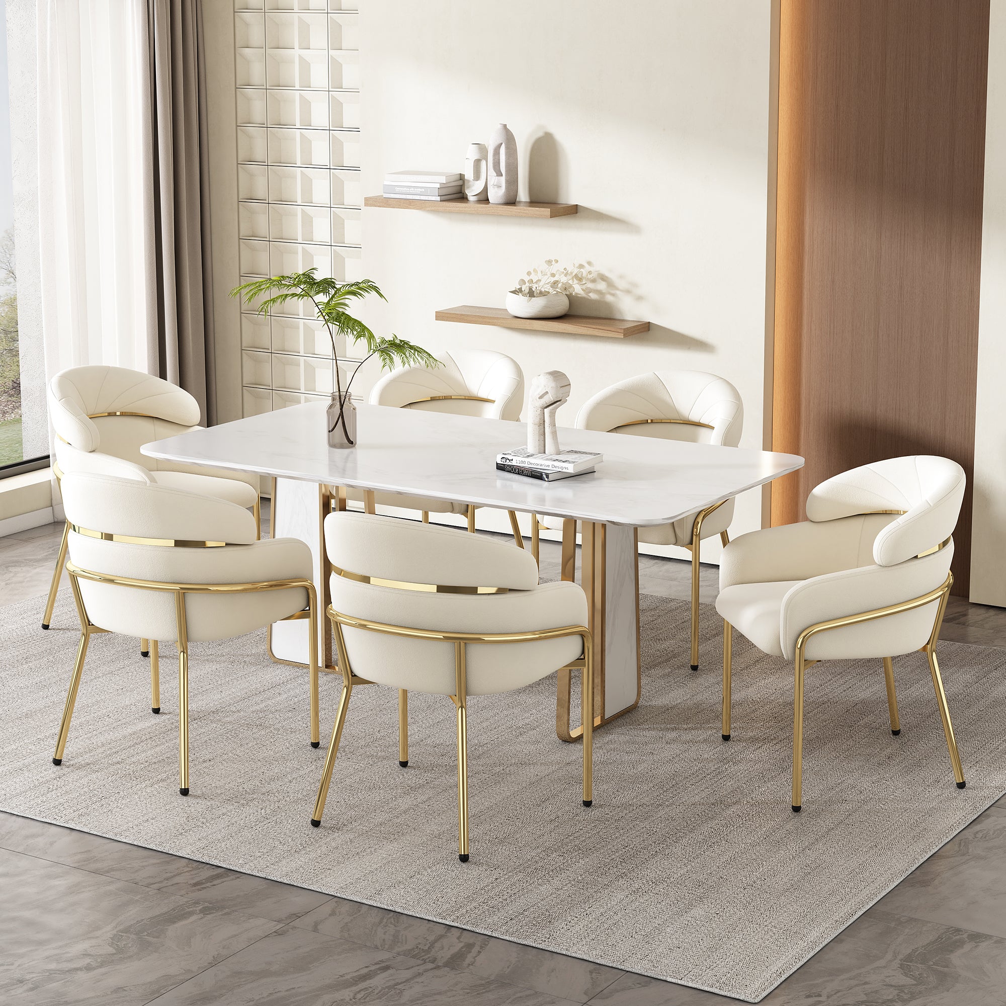 Dining Chair Set of 6 with Metal Legs, Beige Velvet