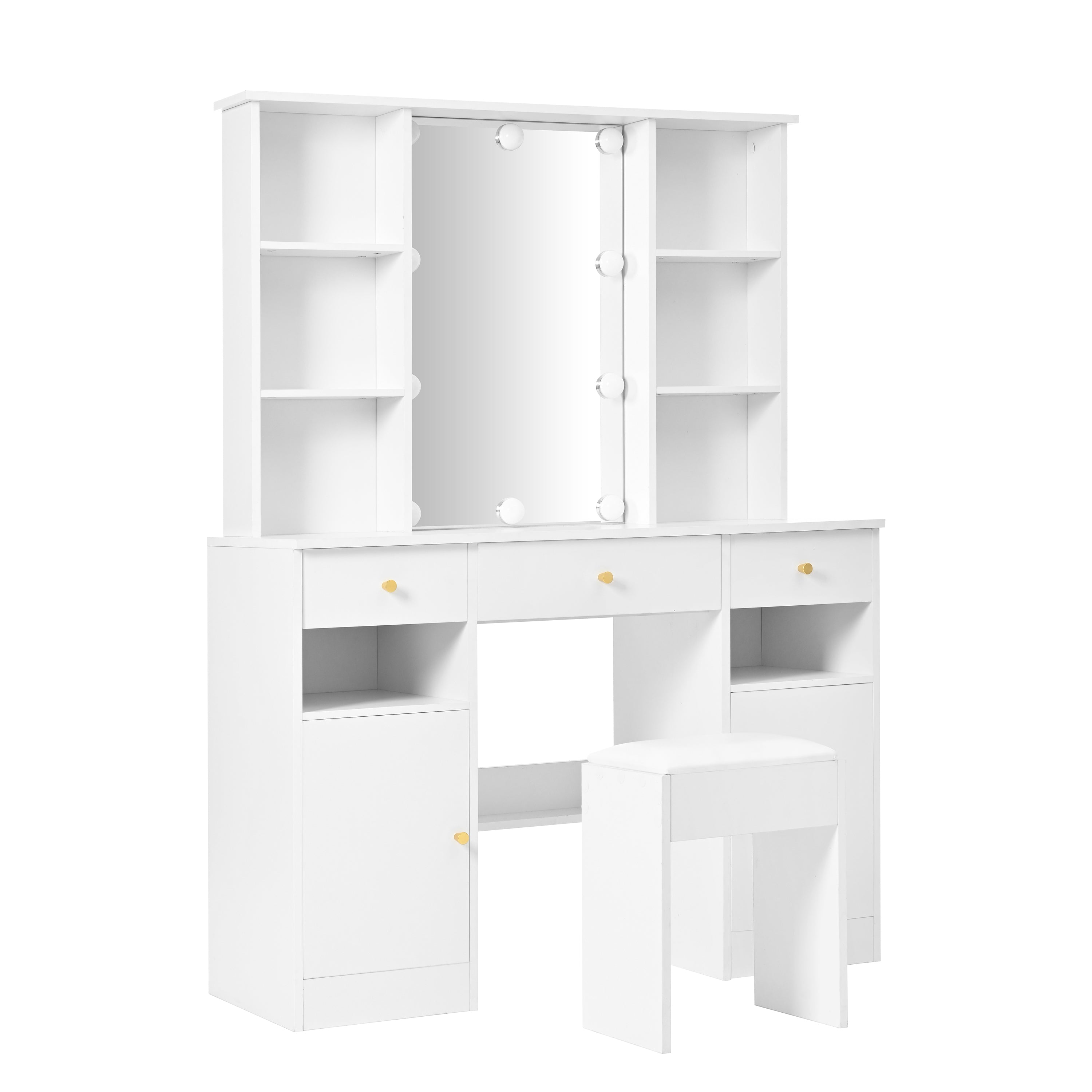 Dressing Table with LED lighting, Mirror, Stool, 3 Drawers, 2 Doors, White