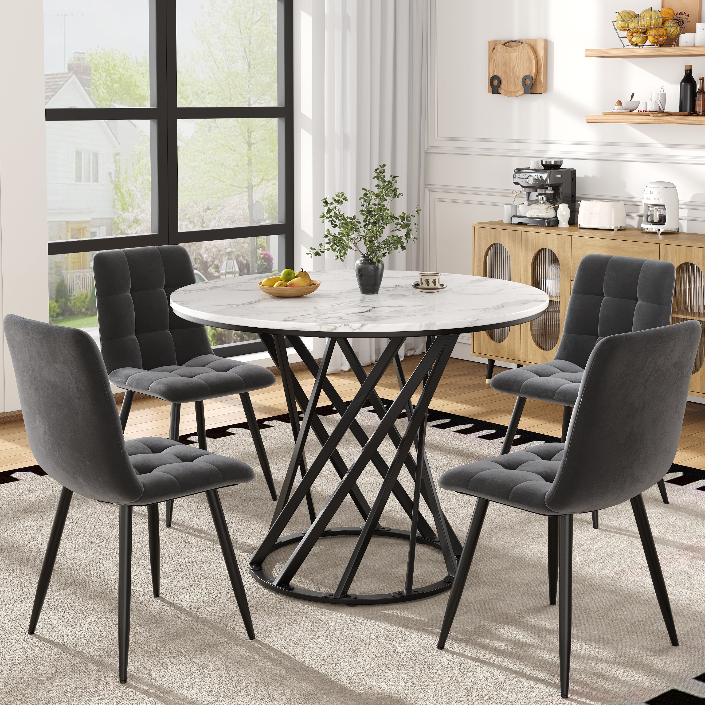 Dining Table Set, 5-Piece Round with 4 Chairs, Black Metal & White MDF, Velvet