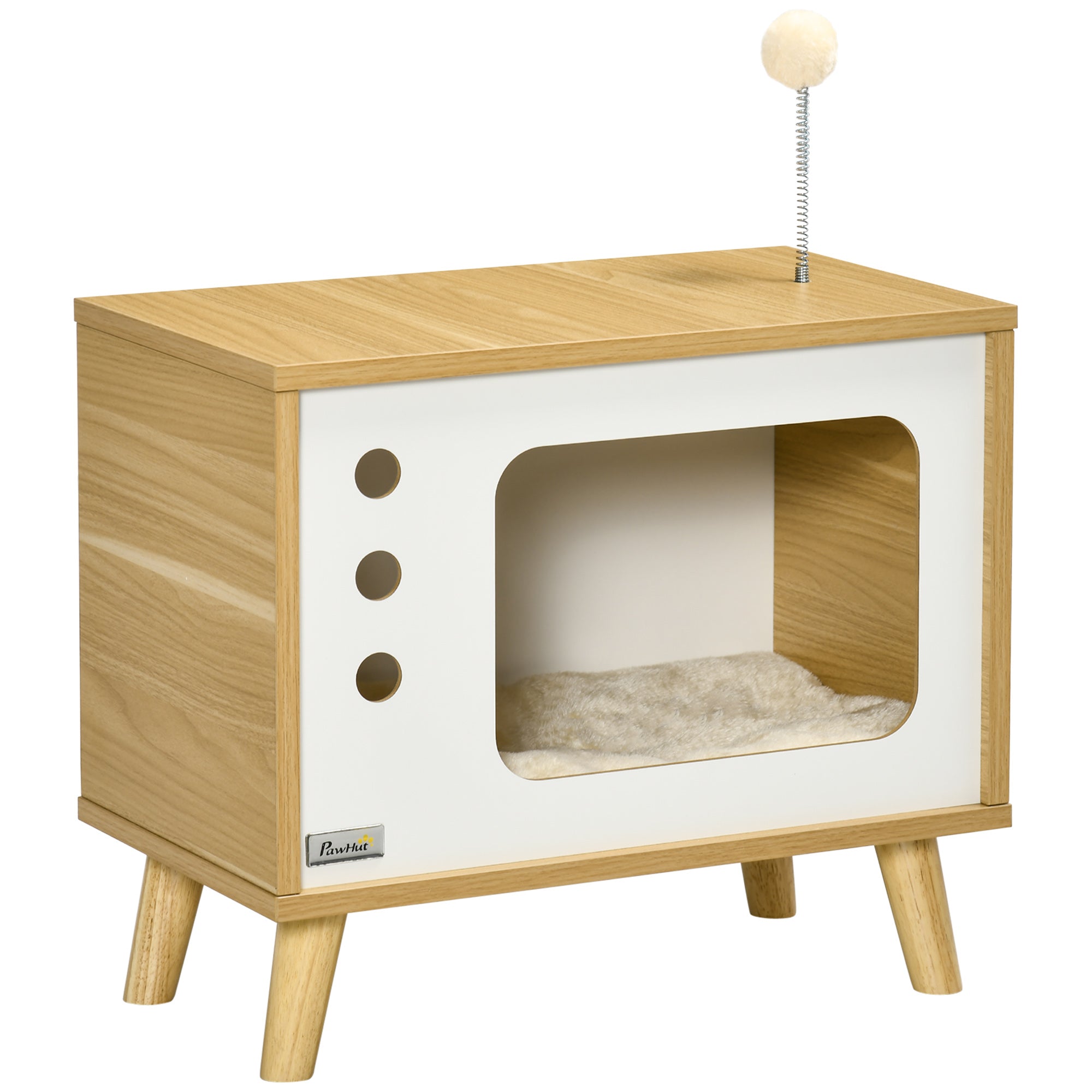 Cat House TV-Design, with Play Ball & Cushion, Oak/Beige/White