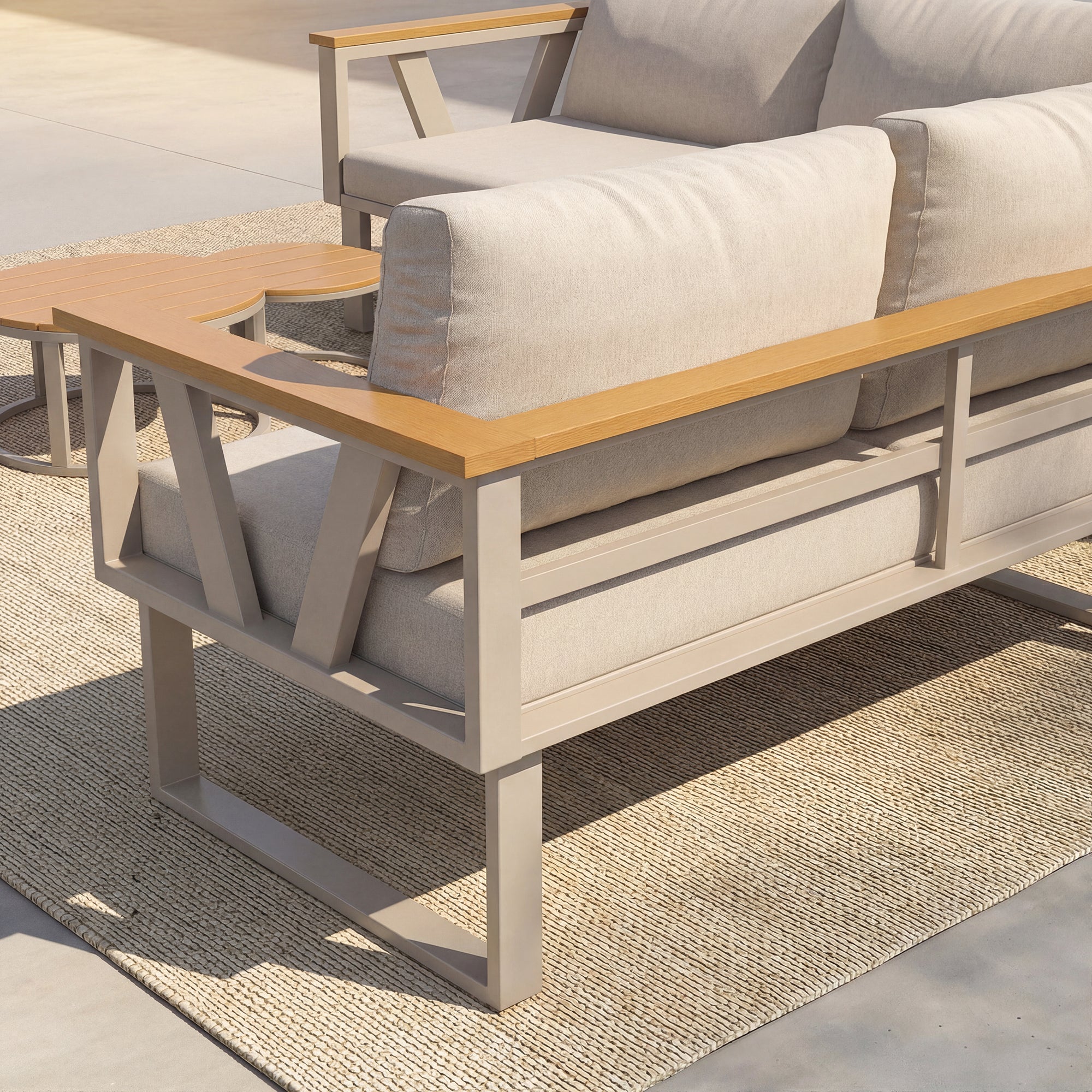 Modular Outdoor Seating Set with 9cm Cushions and 2 Wooden Tables, Grey and Beige