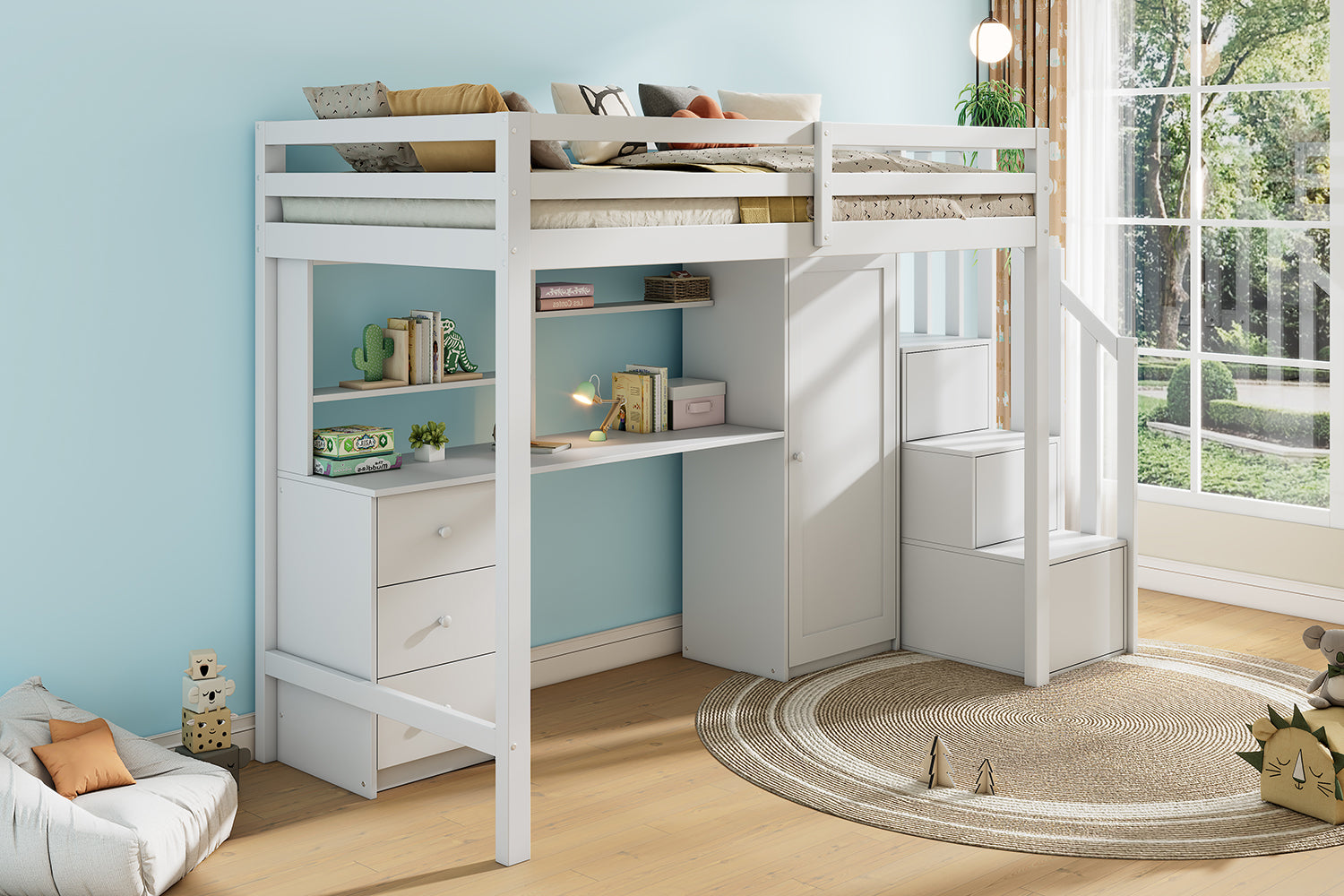 Bunk Bed with Desk, Wardrobe, Stairs, and Drawers, 90x200cm White