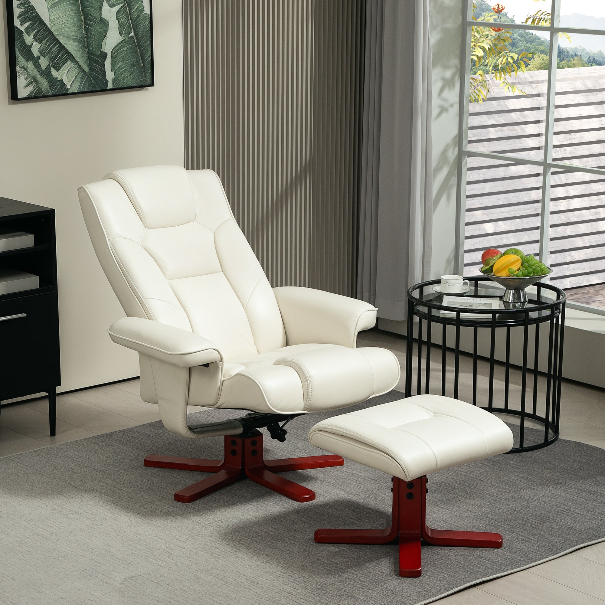 Recliner with Footstool, Upholstered Rocking Adjustable Backrest, Faux Leather Cream White
