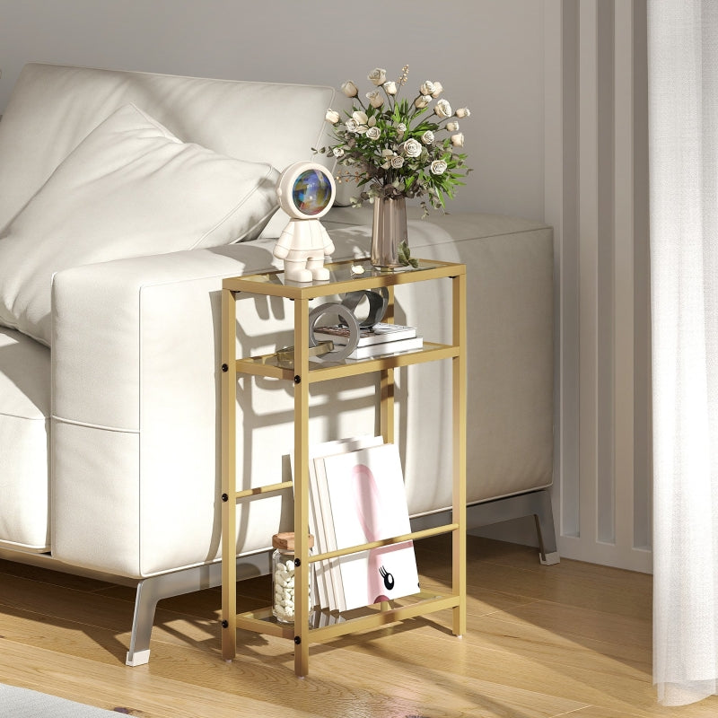 3-Tier Side Table with Storage Shelf and Tempered Glass Tabletop, Gold Tone