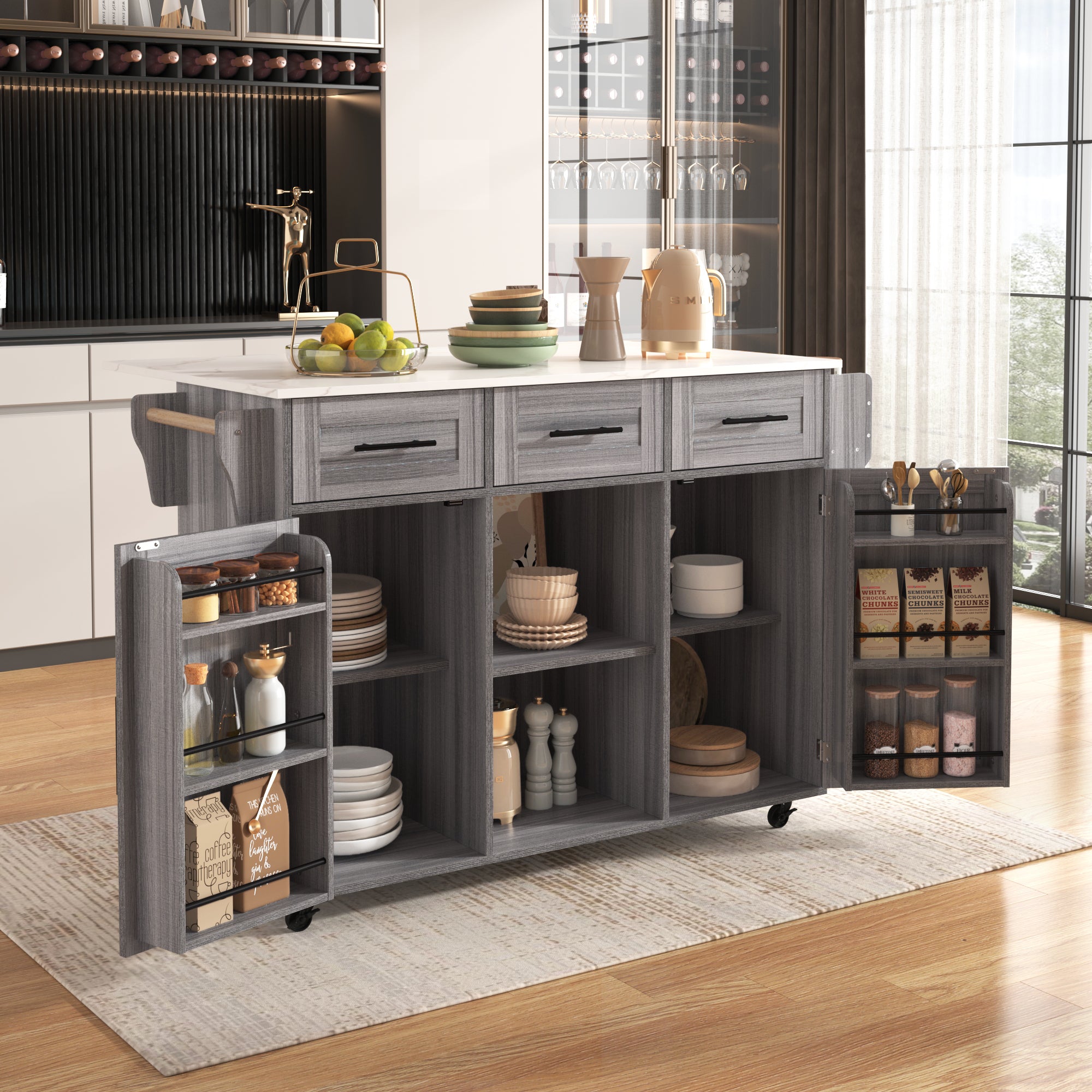 Serving Trolley Side Cabinet 139cm Folding Worktop Storage Doors Grey/White Veneer