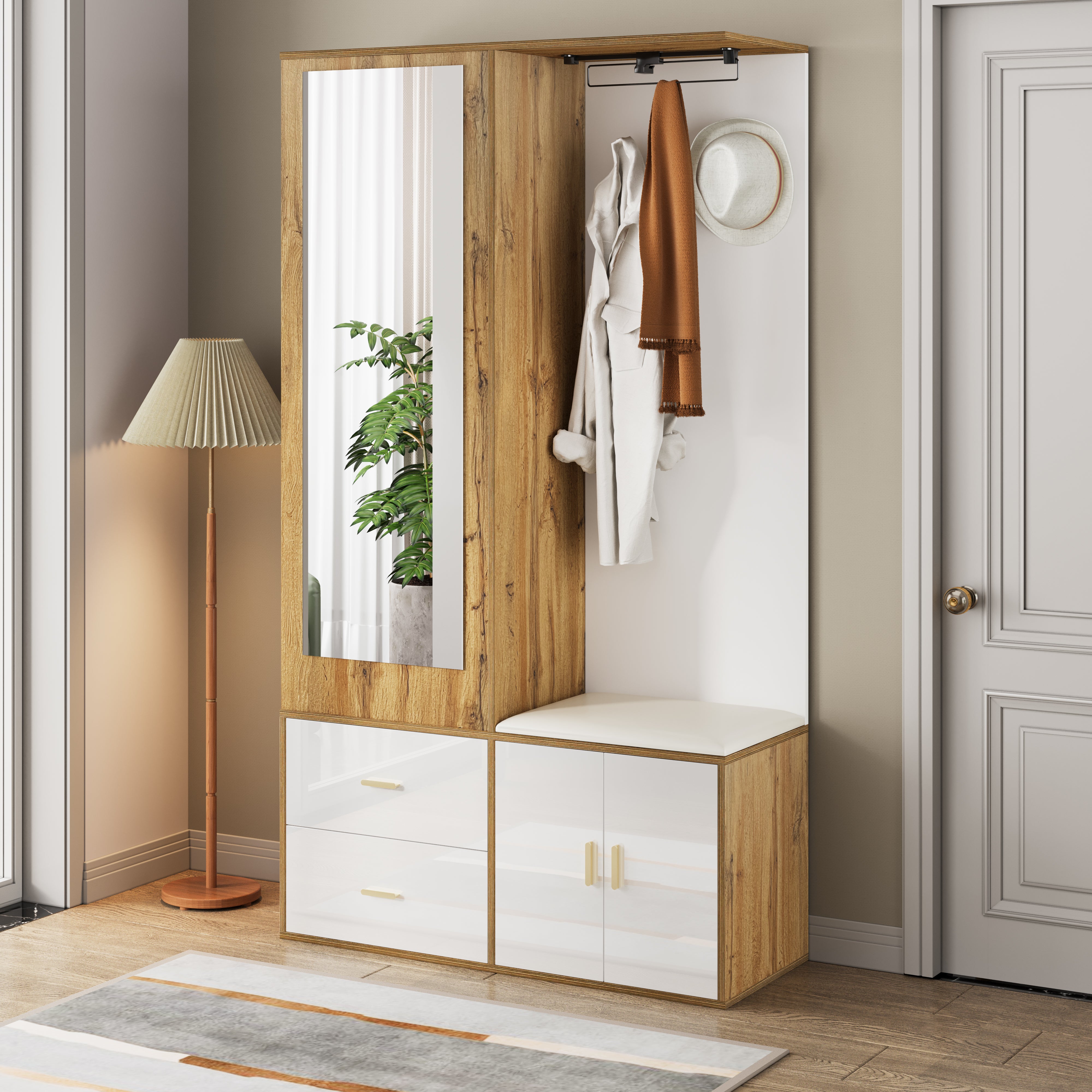Wardrobe Set with Mirror, Shoe Cabinet & Bench, White and Wood