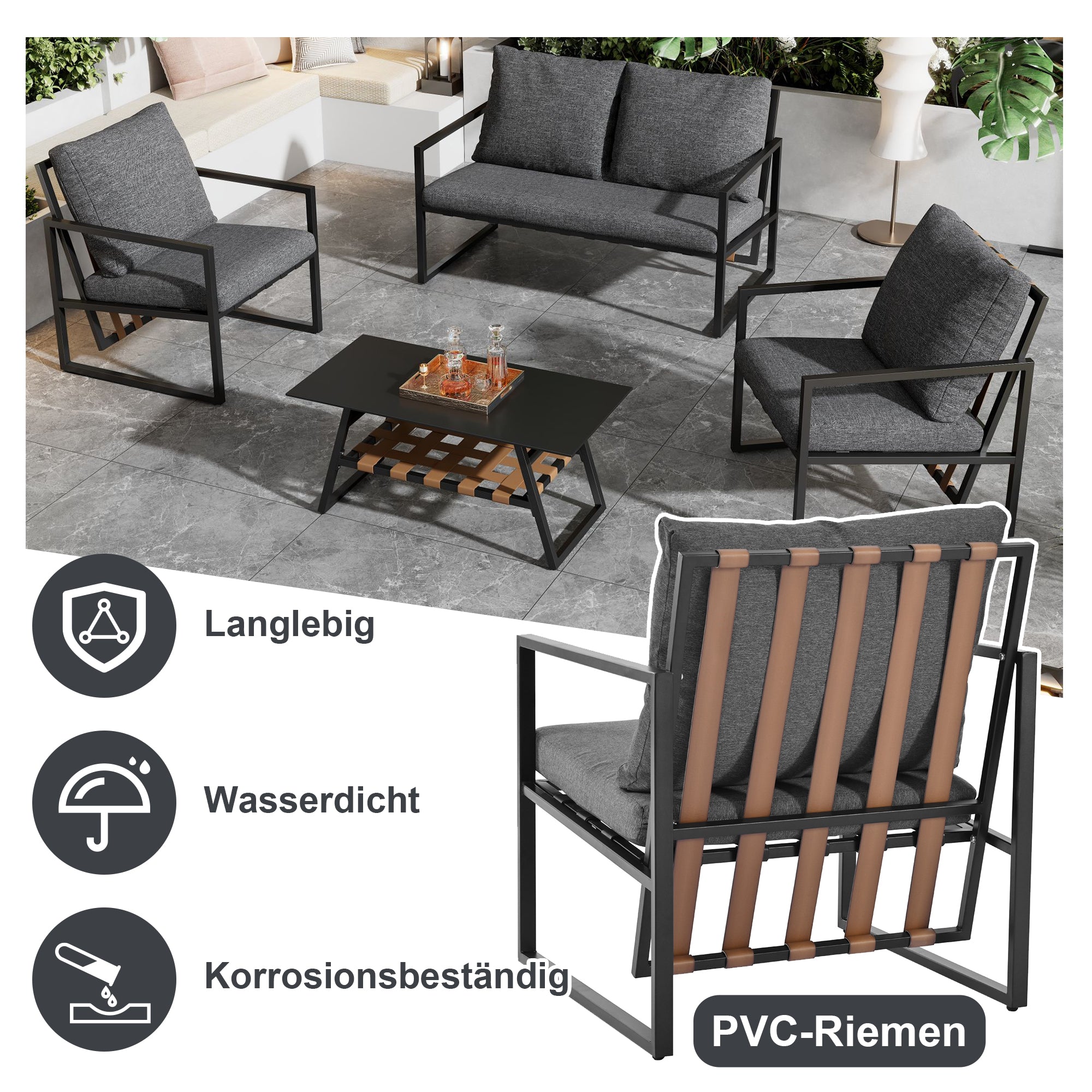Garden Furniture Seating Set for 4 People with Sofa, Coffee Table and Cushions, Black