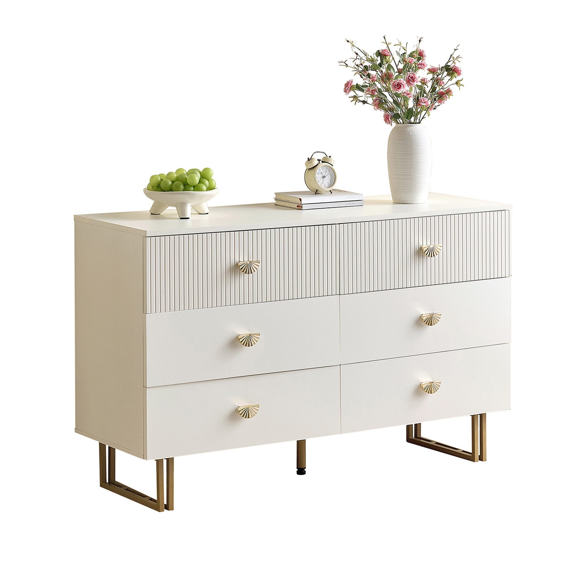 Sideboard, 6-Drawer Elegant Design, White and Gold MDF and Steel