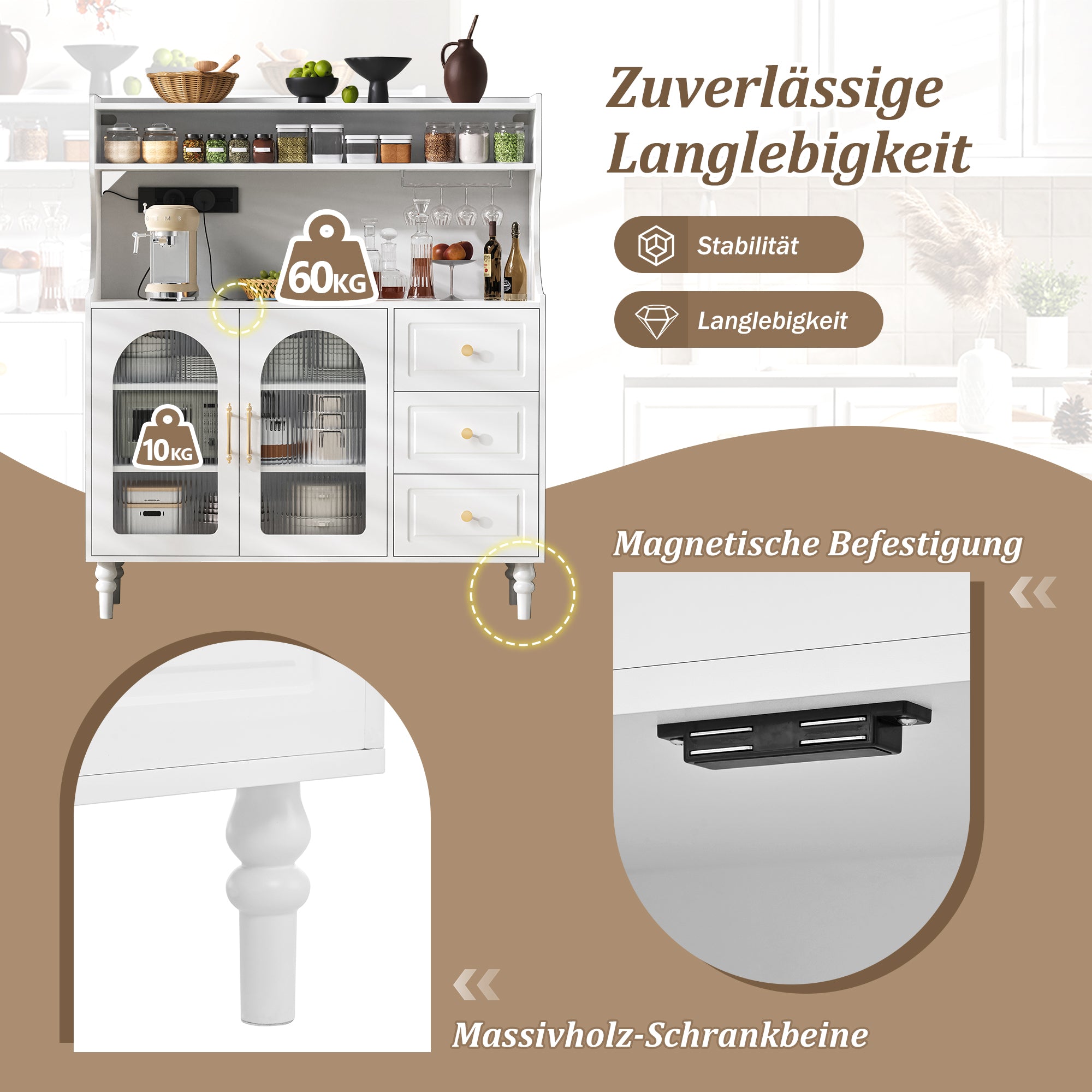 Tall Cabinet with Sockets, Drawers, Wine Glass Holders & Adjustable Shelves - White